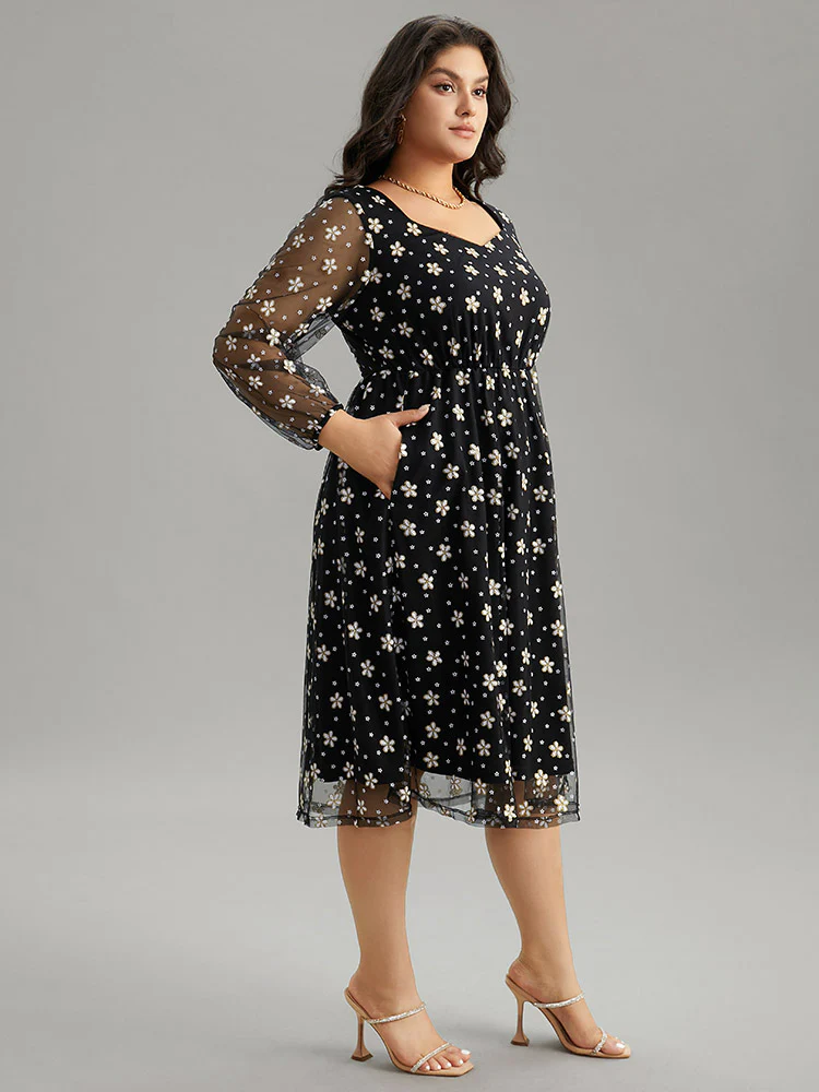 Floral Lace Mesh Pocket Elastic Waist Dress - Image 4