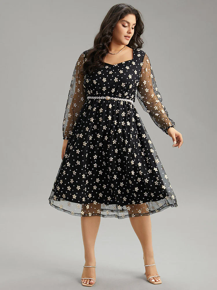 Floral Lace Mesh Pocket Elastic Waist Dress - Image 5