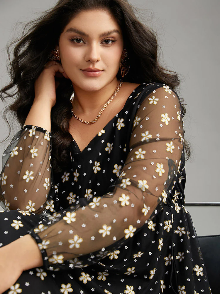 Floral Lace Mesh Pocket Elastic Waist Dress - Image 6