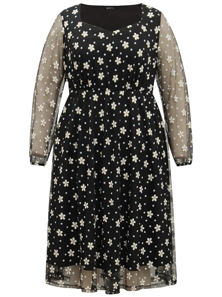 Floral Lace Mesh Pocket Elastic Waist Dress - Image 7