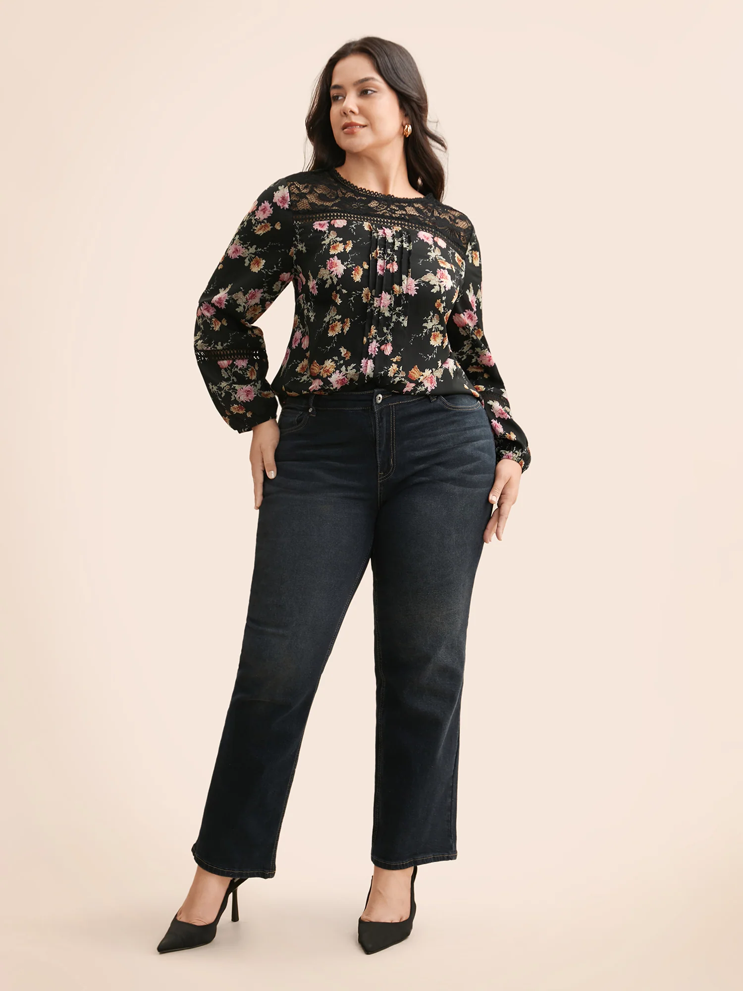 Floral Lace Panel Lantern Sleeve Blouse - Image 2