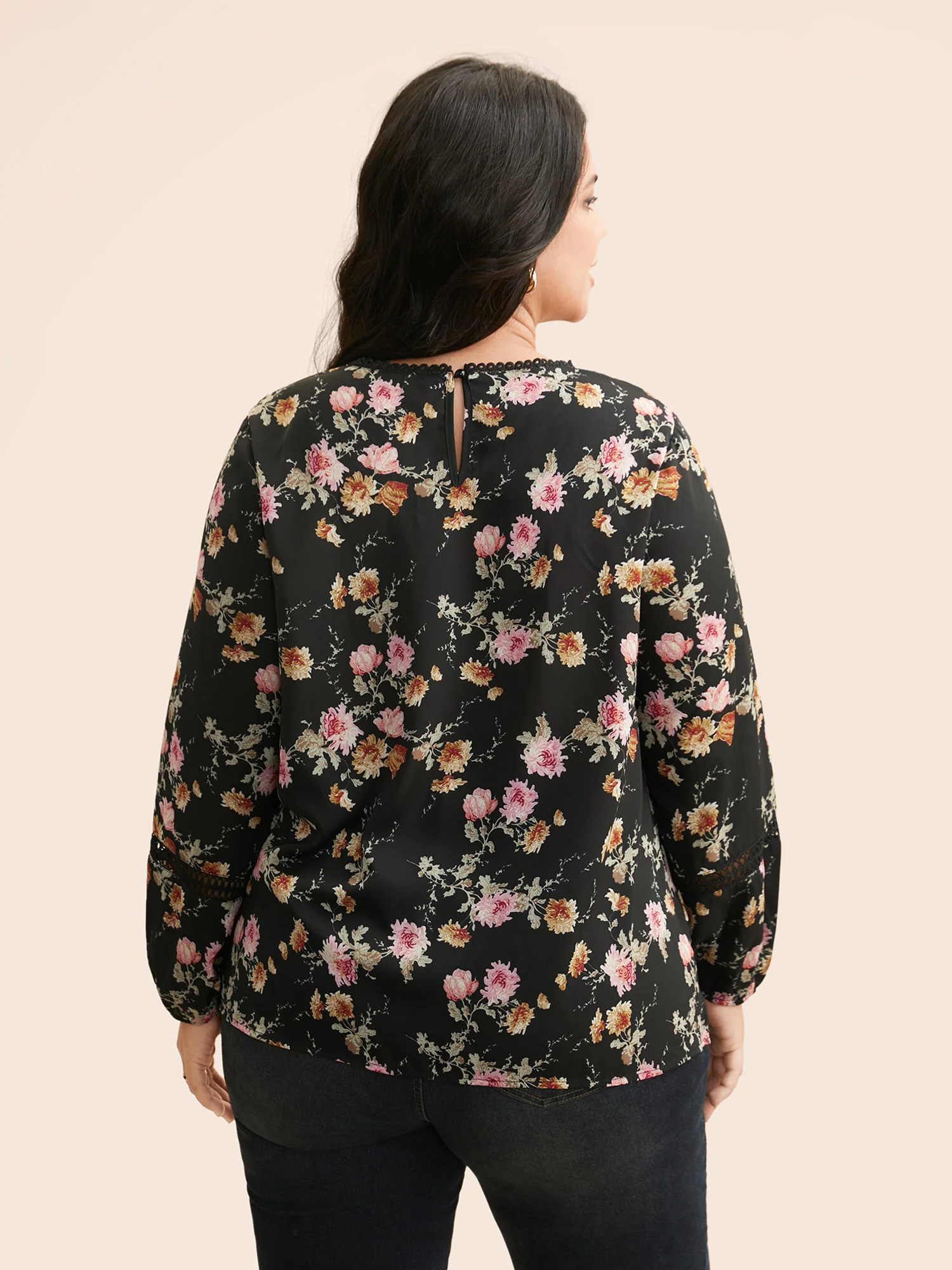 Floral Lace Panel Lantern Sleeve Blouse - Image 4