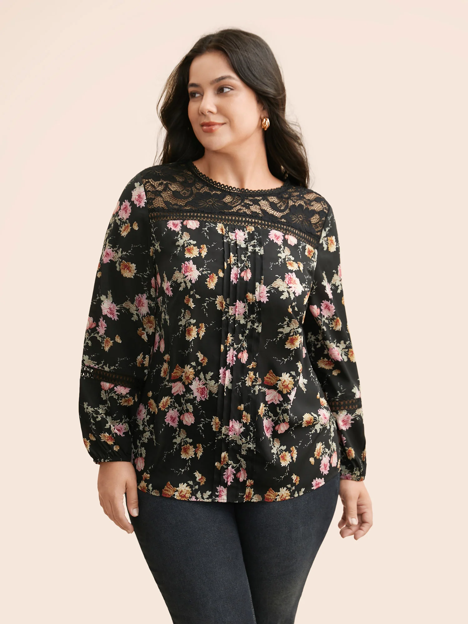 Floral Lace Panel Lantern Sleeve Blouse - Image 5