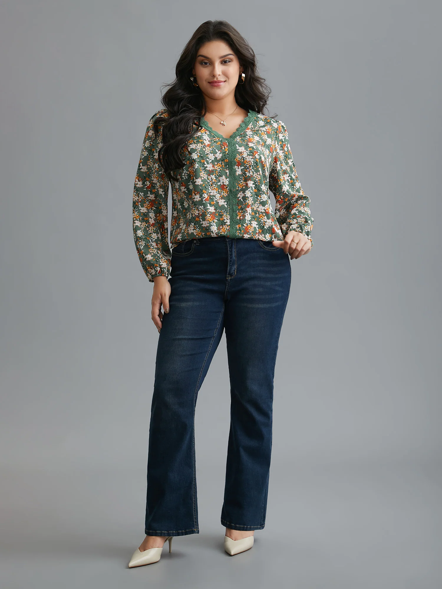 Floral Lace Panel Lantern Sleeve Blouse - Image 2