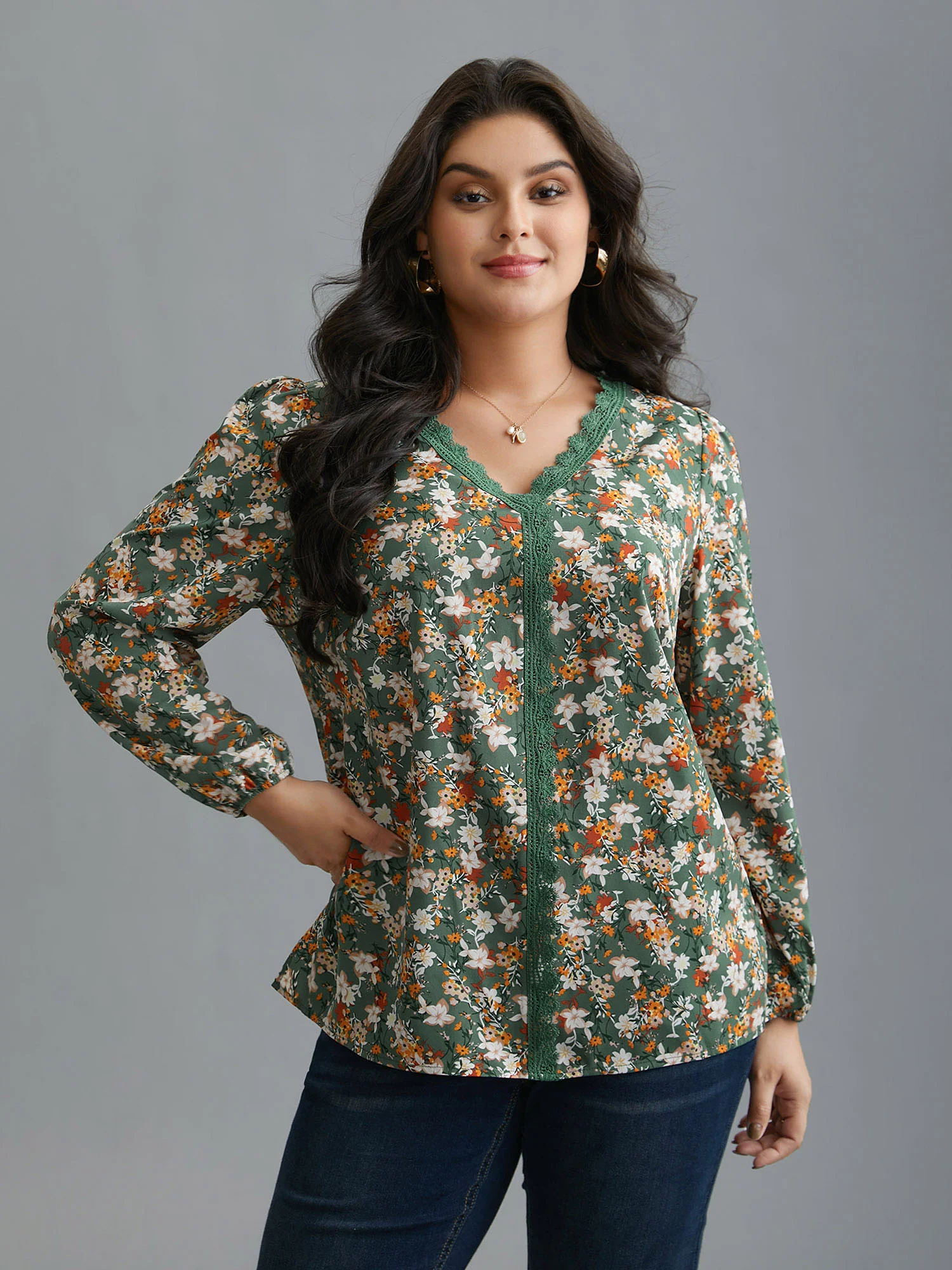 Floral Lace Panel Lantern Sleeve Blouse - Image 3