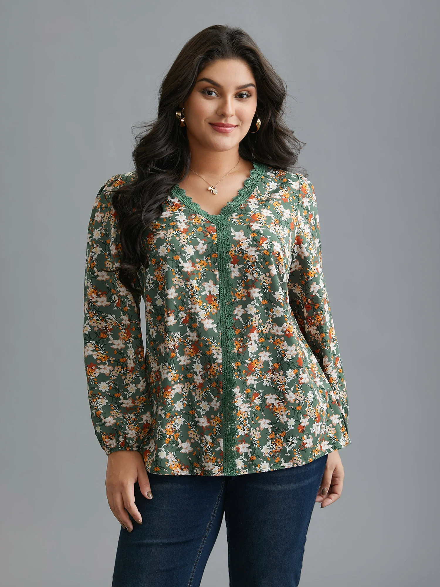 Floral Lace Panel Lantern Sleeve Blouse - Image 4