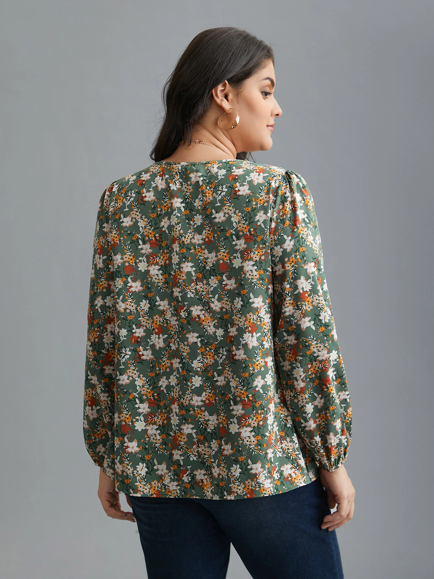 Floral Lace Panel Lantern Sleeve Blouse - Image 5