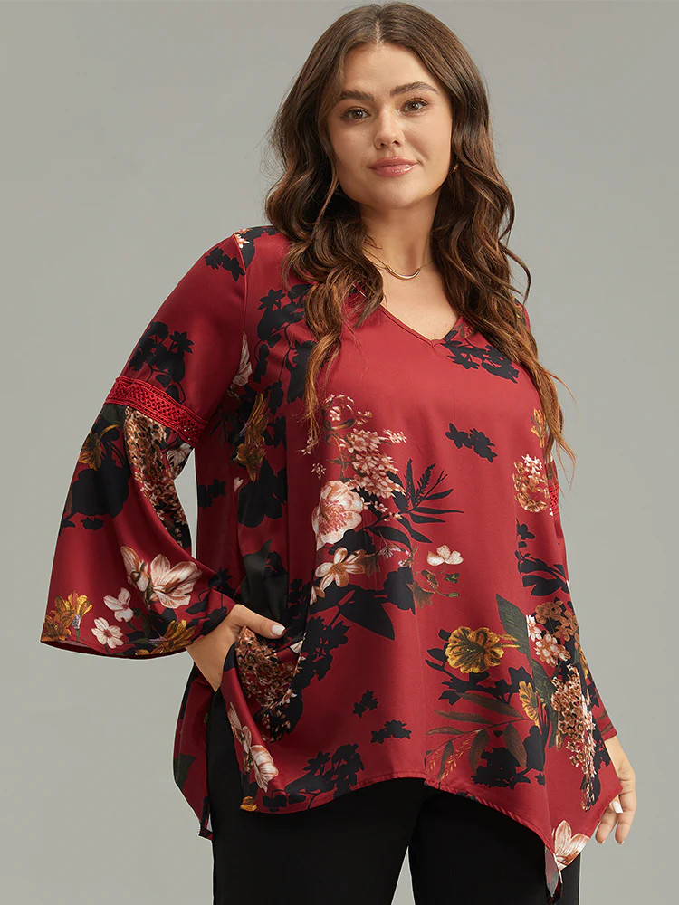 Floral Lace Panel V Neck Hanky Hem Blouse - Image 2