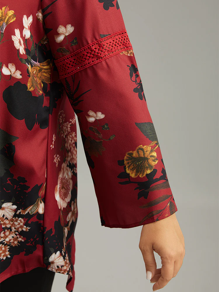 Floral Lace Panel V Neck Hanky Hem Blouse - Image 6