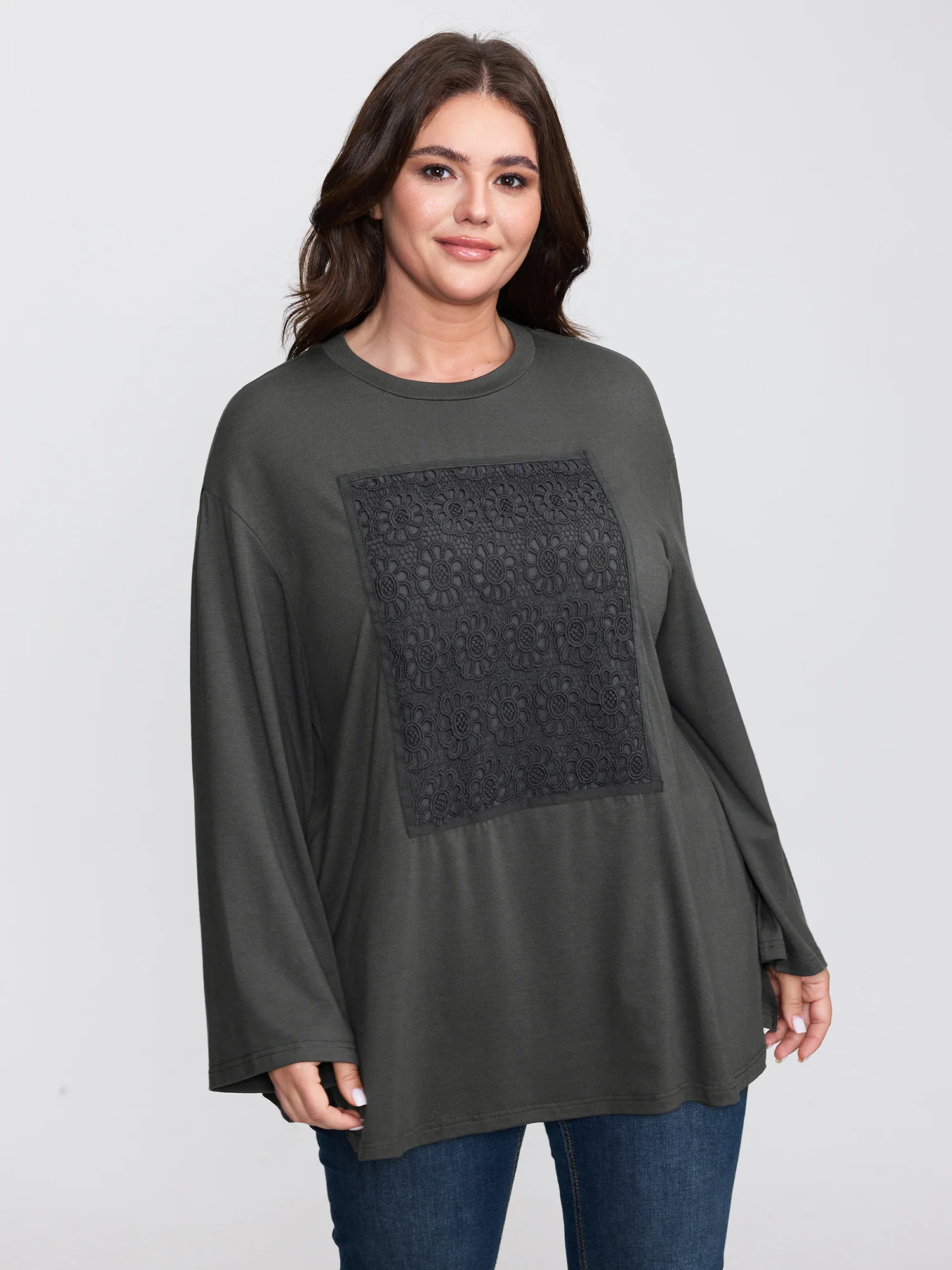 Floral Lace Pattern Round Neck T-Shirt - Image 2