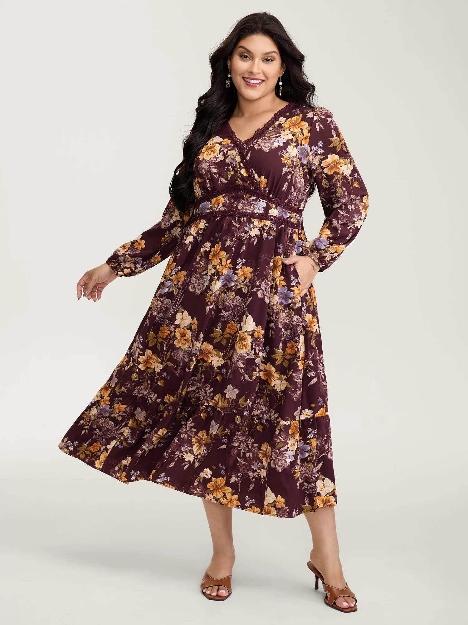Floral Lace Print Pockets Maxi Dress - Image 3