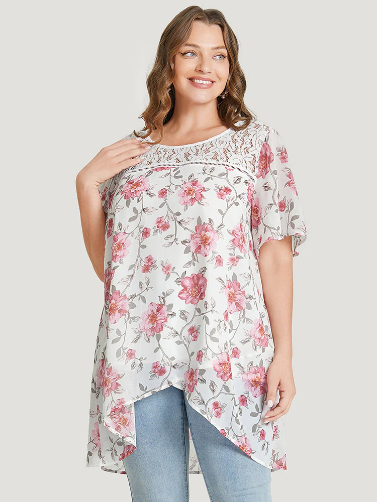 Floral Lace Ruffle Sleeve High Low Hem Blouse - Image 2