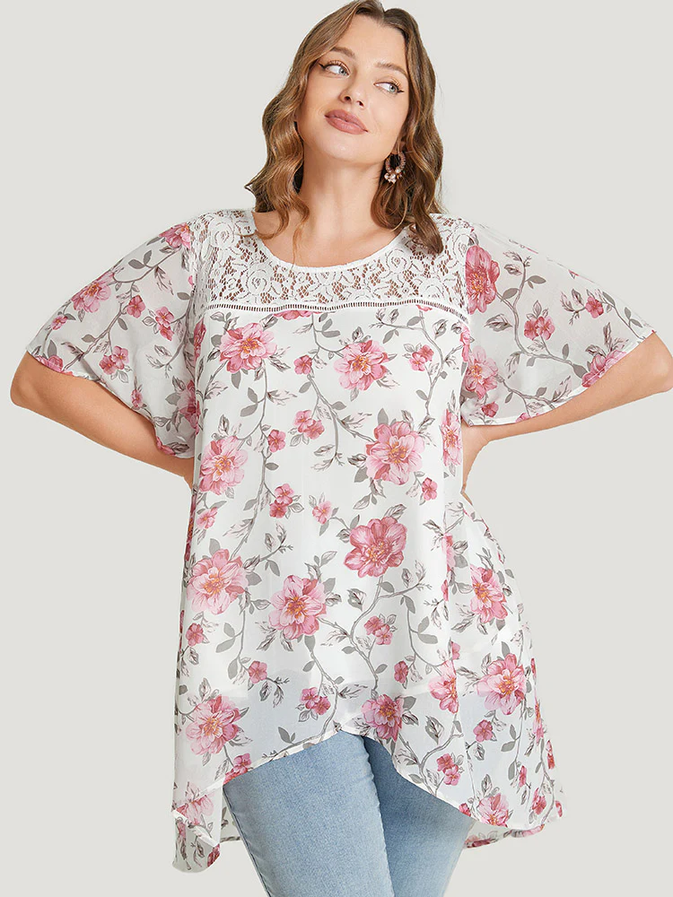 Floral Lace Ruffle Sleeve High Low Hem Blouse - Image 3