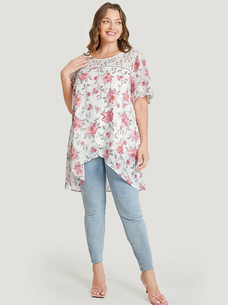 Floral Lace Ruffle Sleeve High Low Hem Blouse - Image 4
