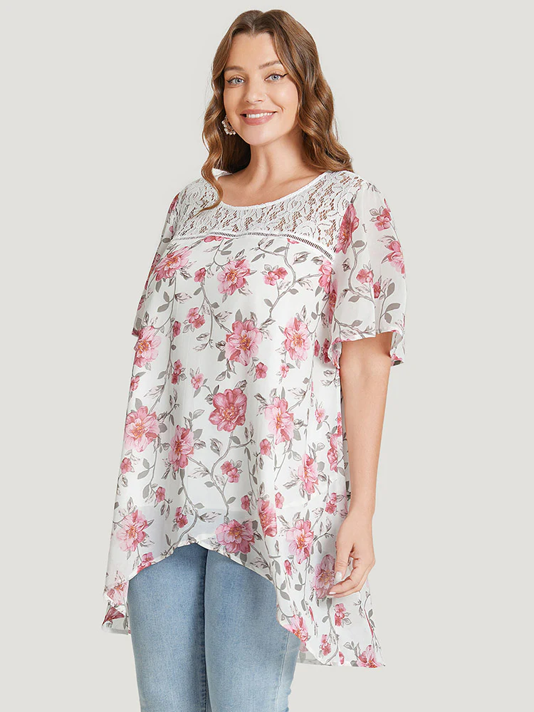 Floral Lace Ruffle Sleeve High Low Hem Blouse - Image 5