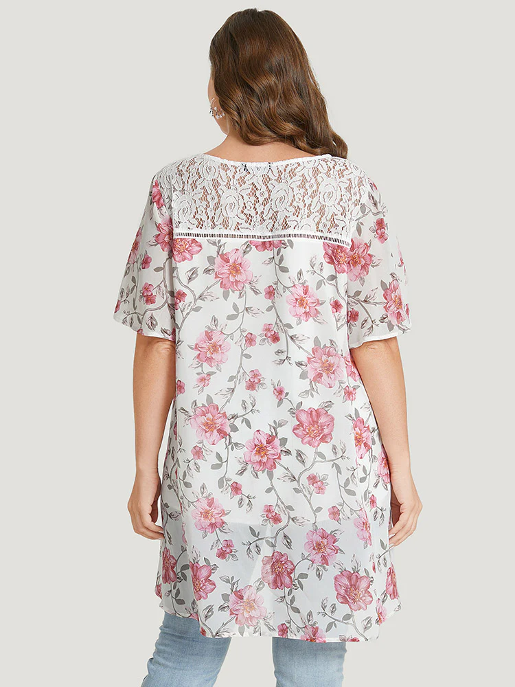 Floral Lace Ruffle Sleeve High Low Hem Blouse - Image 6