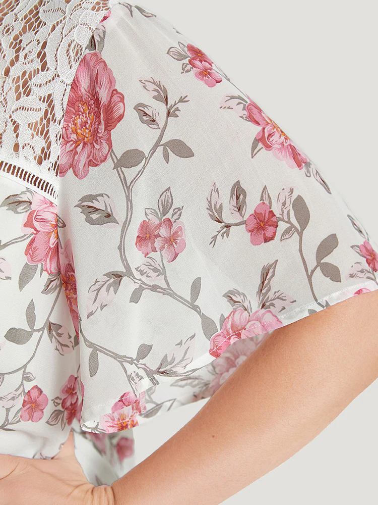 Floral Lace Ruffle Sleeve High Low Hem Blouse - Image 7