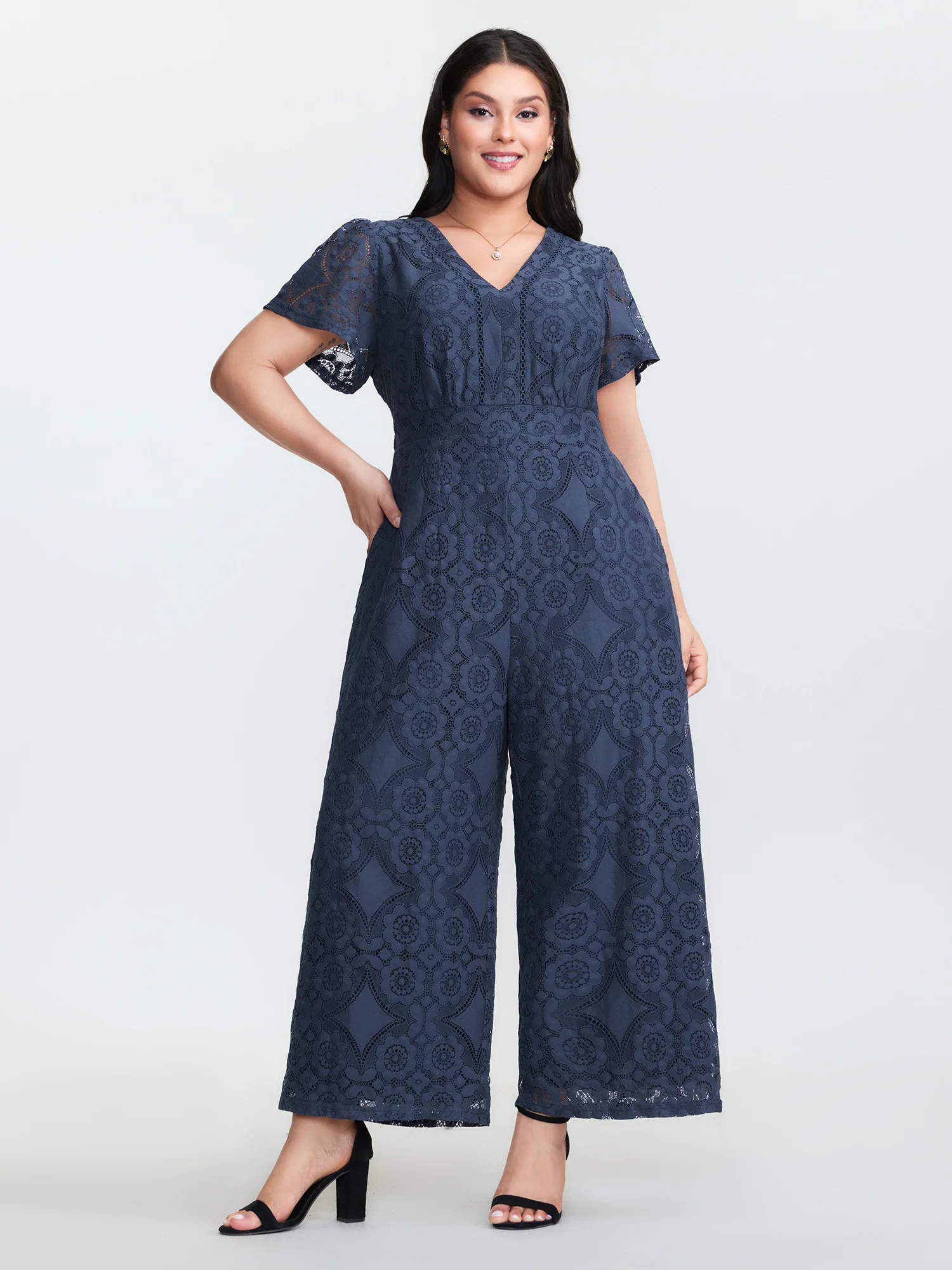 Floral Lace Sheer Stretchy Waist Jumpsuit - Image 3