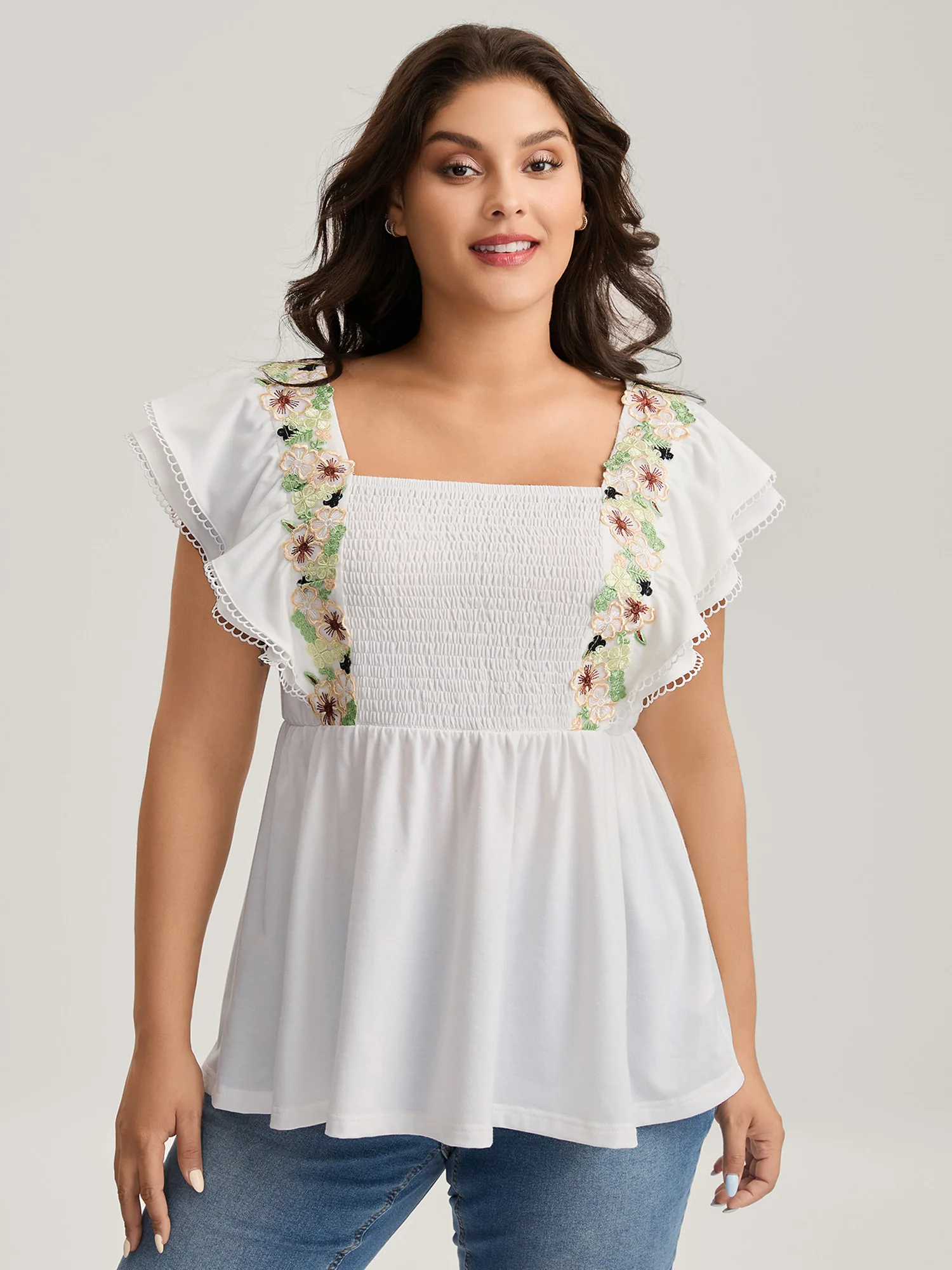 Floral Lace Stretchy Shirred Tank Top - Image 2