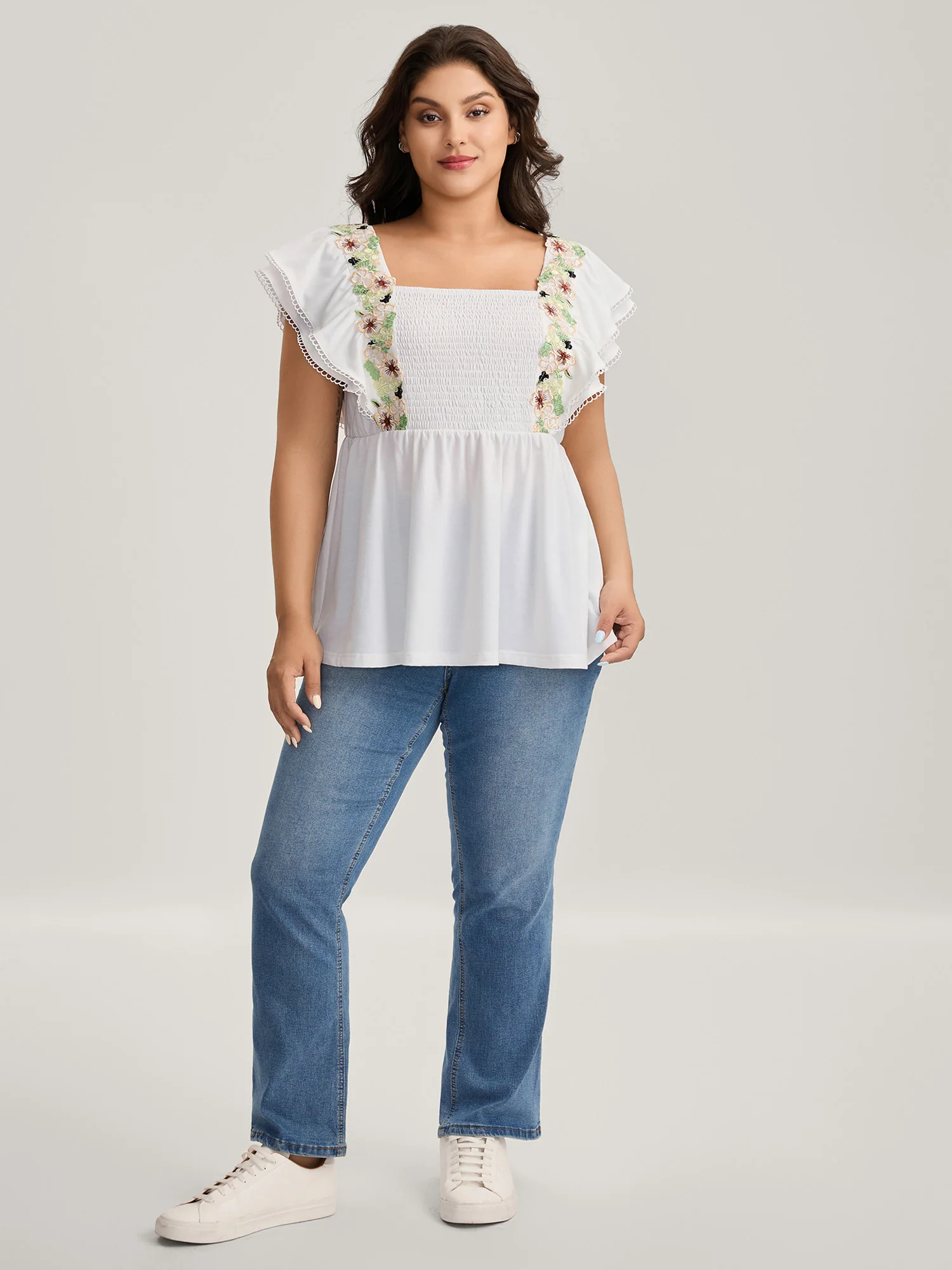 Floral Lace Stretchy Shirred Tank Top - Image 3