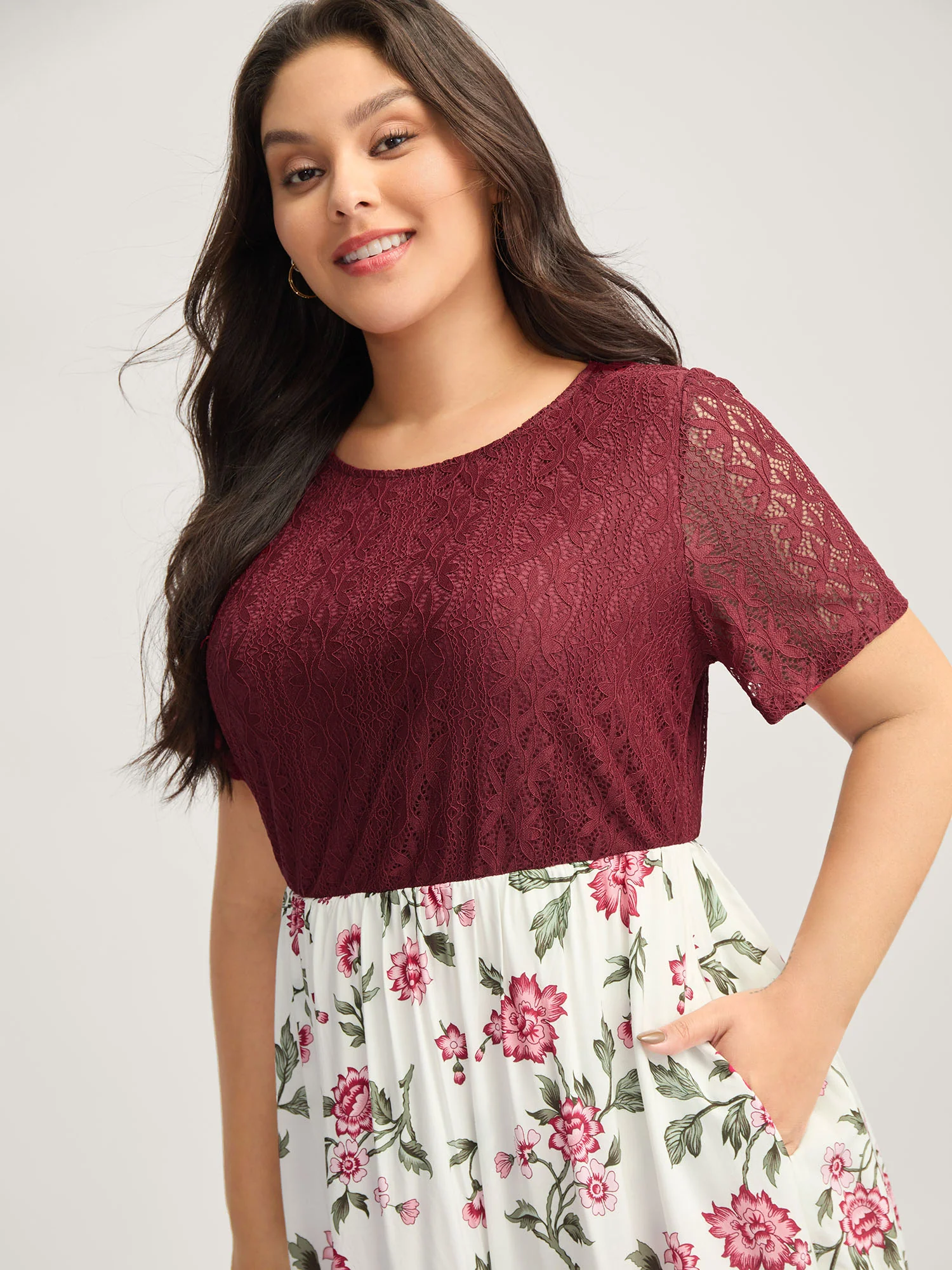 Floral Lace Stretchy Waist Contrast Midi Dress - Image 2