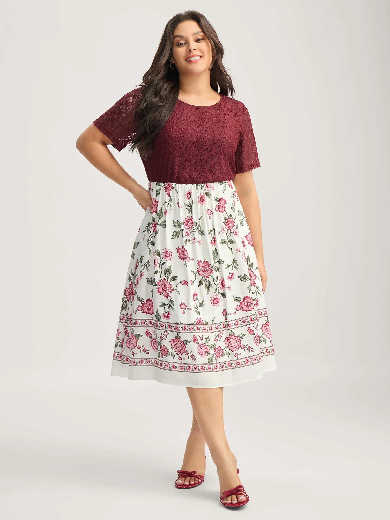 Floral Lace Stretchy Waist Contrast Midi Dress - Image 3