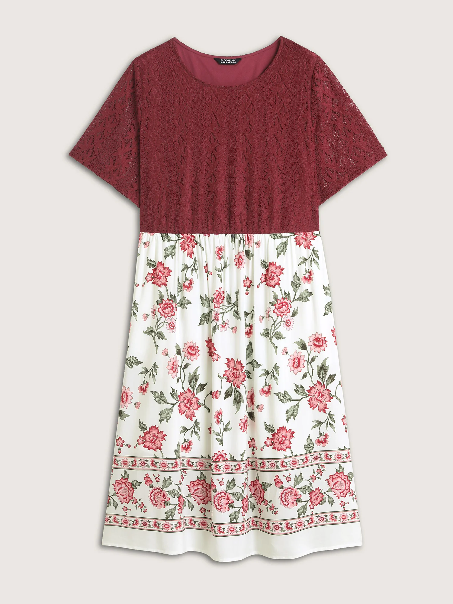 Floral Lace Stretchy Waist Contrast Midi Dress - Image 7