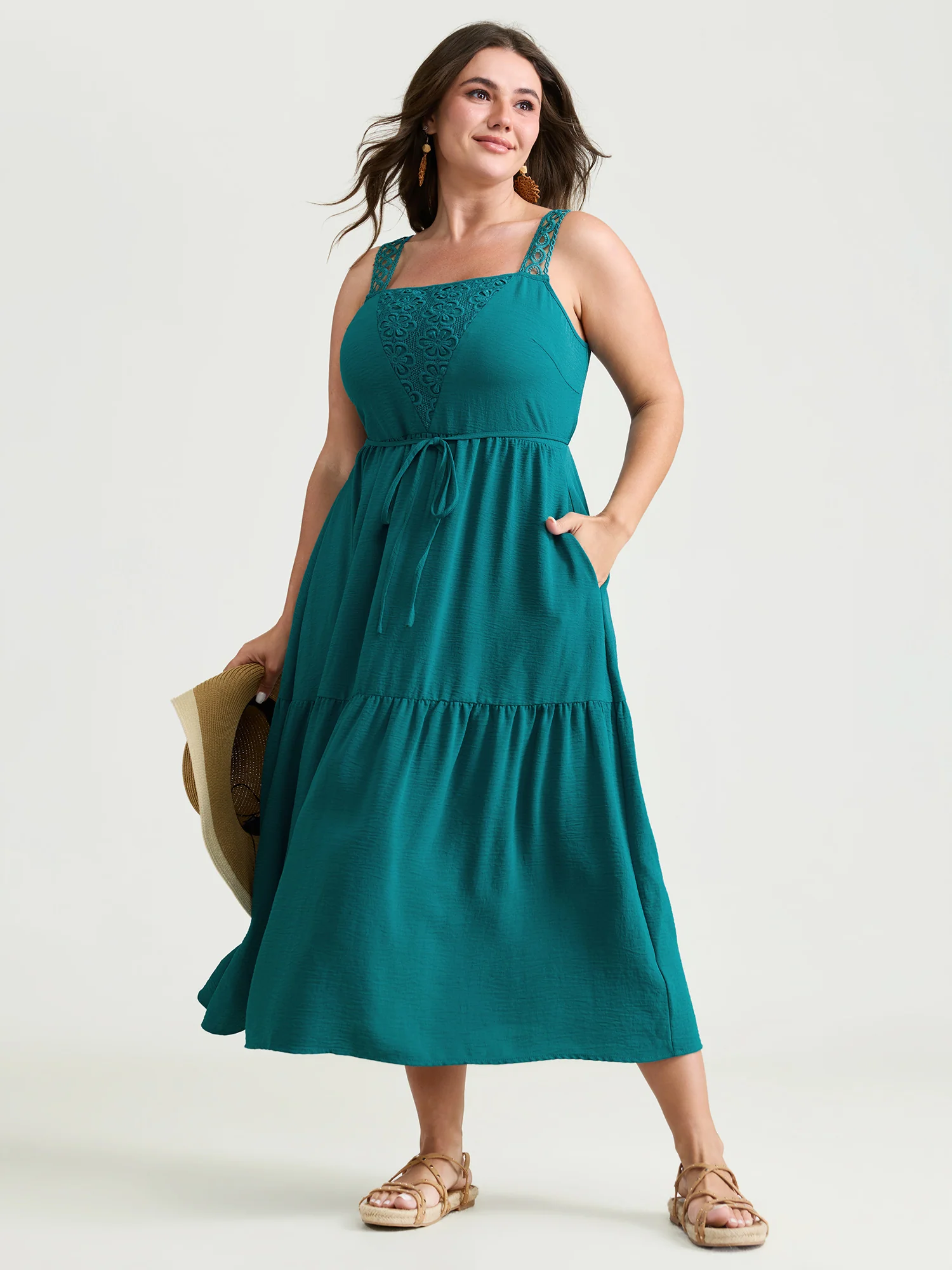 Floral Lace Textured Neckline Wide Strap Midi Dress - Image 2