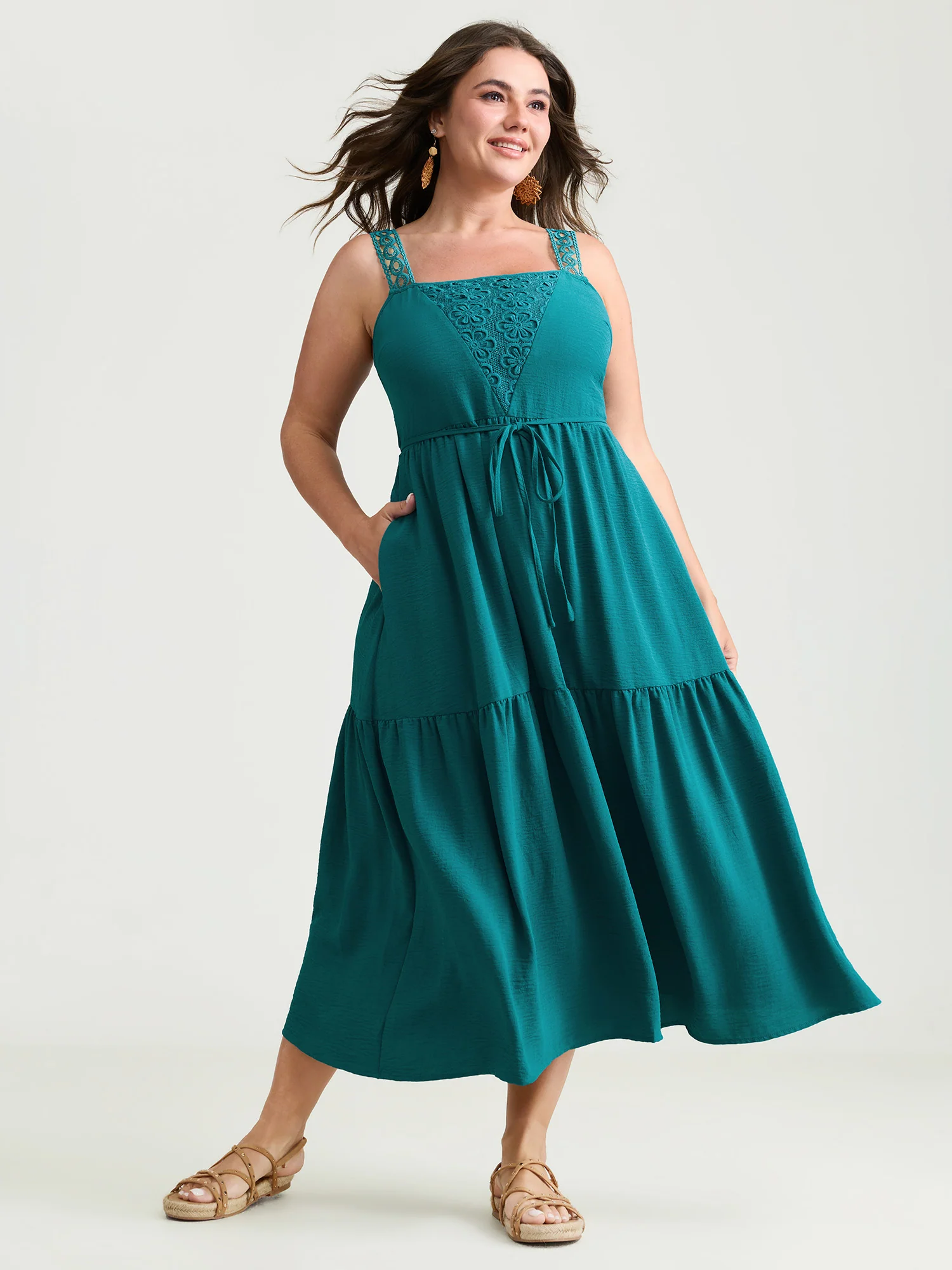 Floral Lace Textured Neckline Wide Strap Midi Dress - Image 3