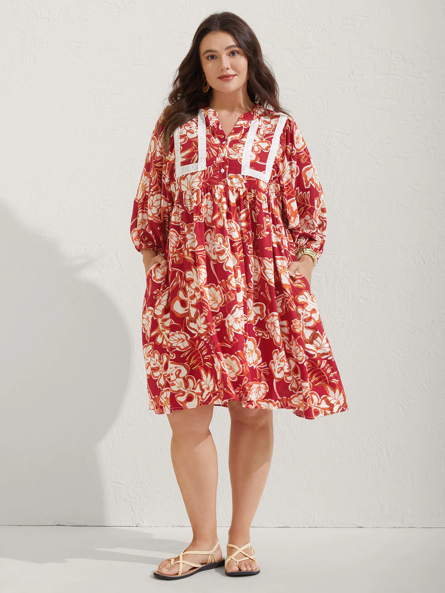 Floral Lace Trim Button Front Midi Dress - Image 3