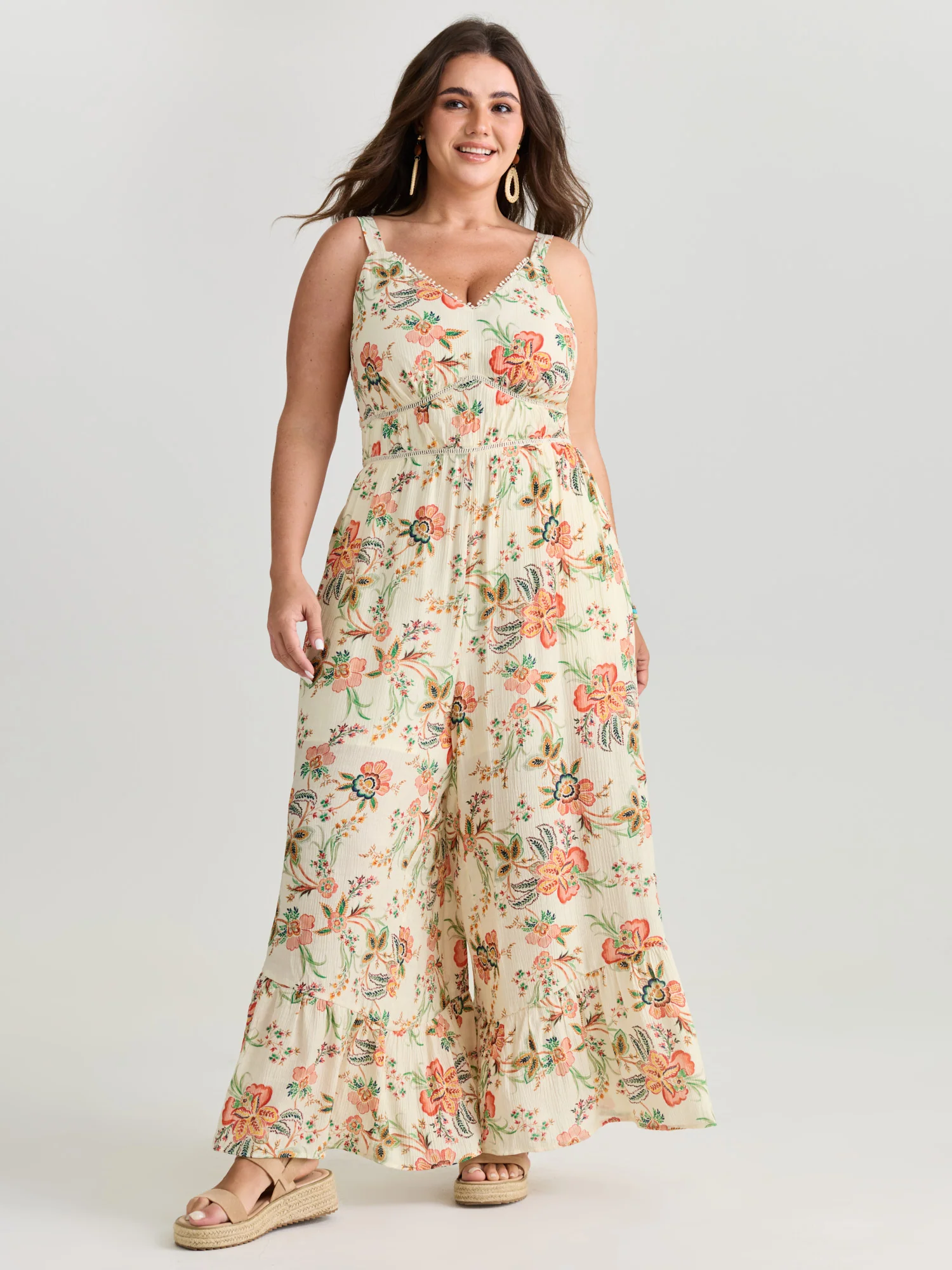 Floral Lace Trim Cinched-Waist Jumpsuit - Image 3