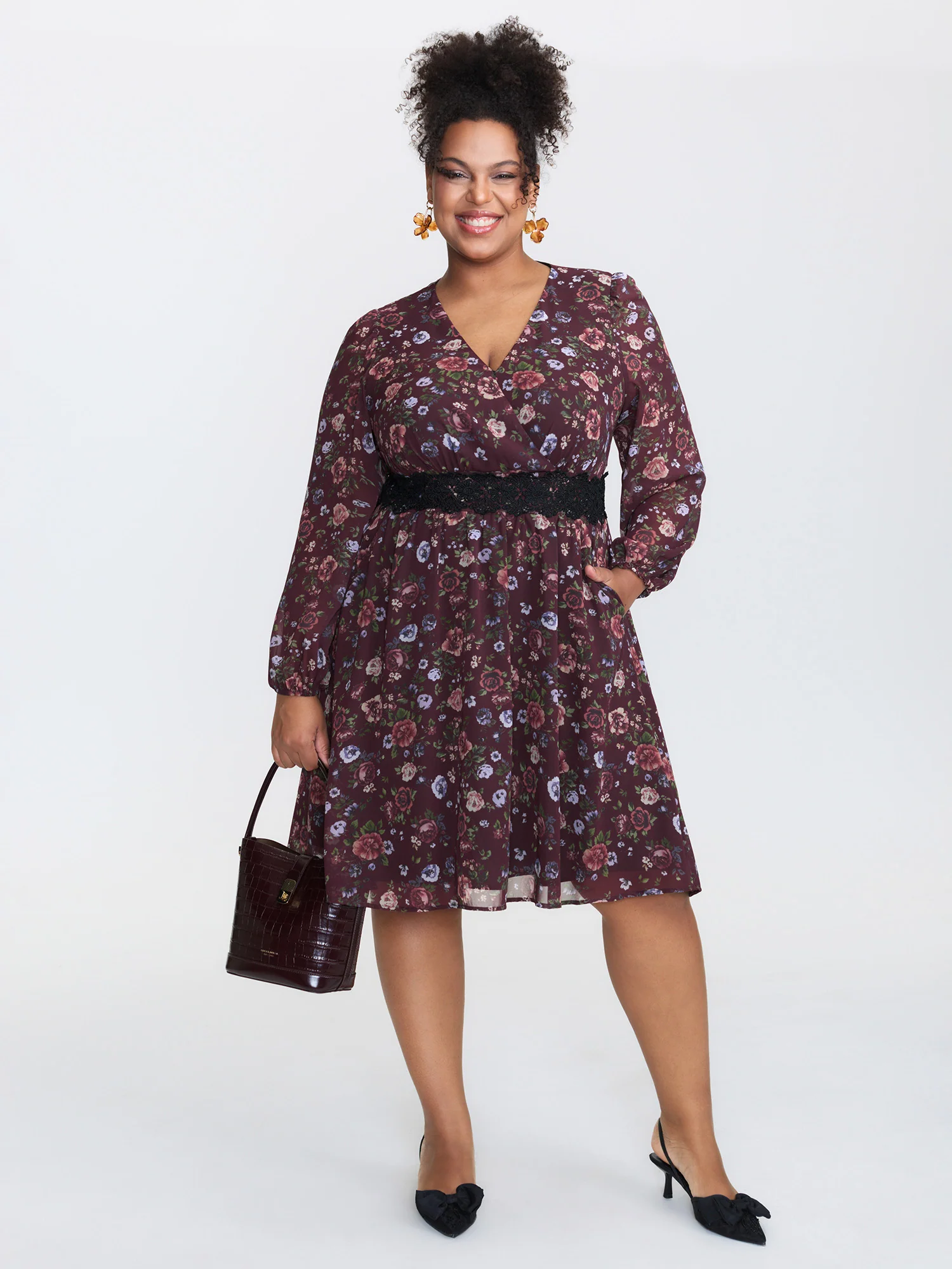 Floral Lace Trim Cinched-Waist Mini Dress - Image 3