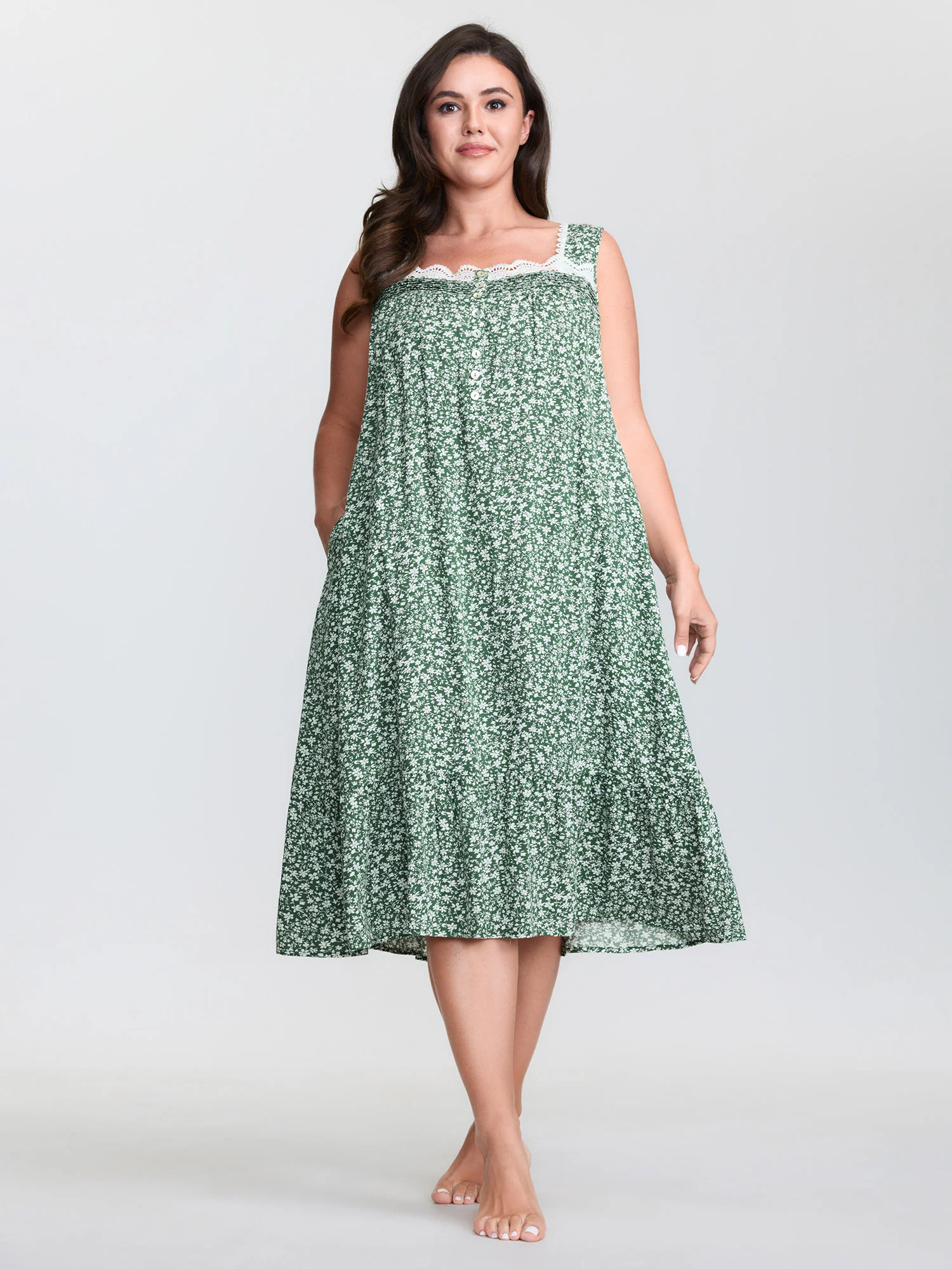 Floral Lace Neckline Wide Straps Lounge Dress - Image 3