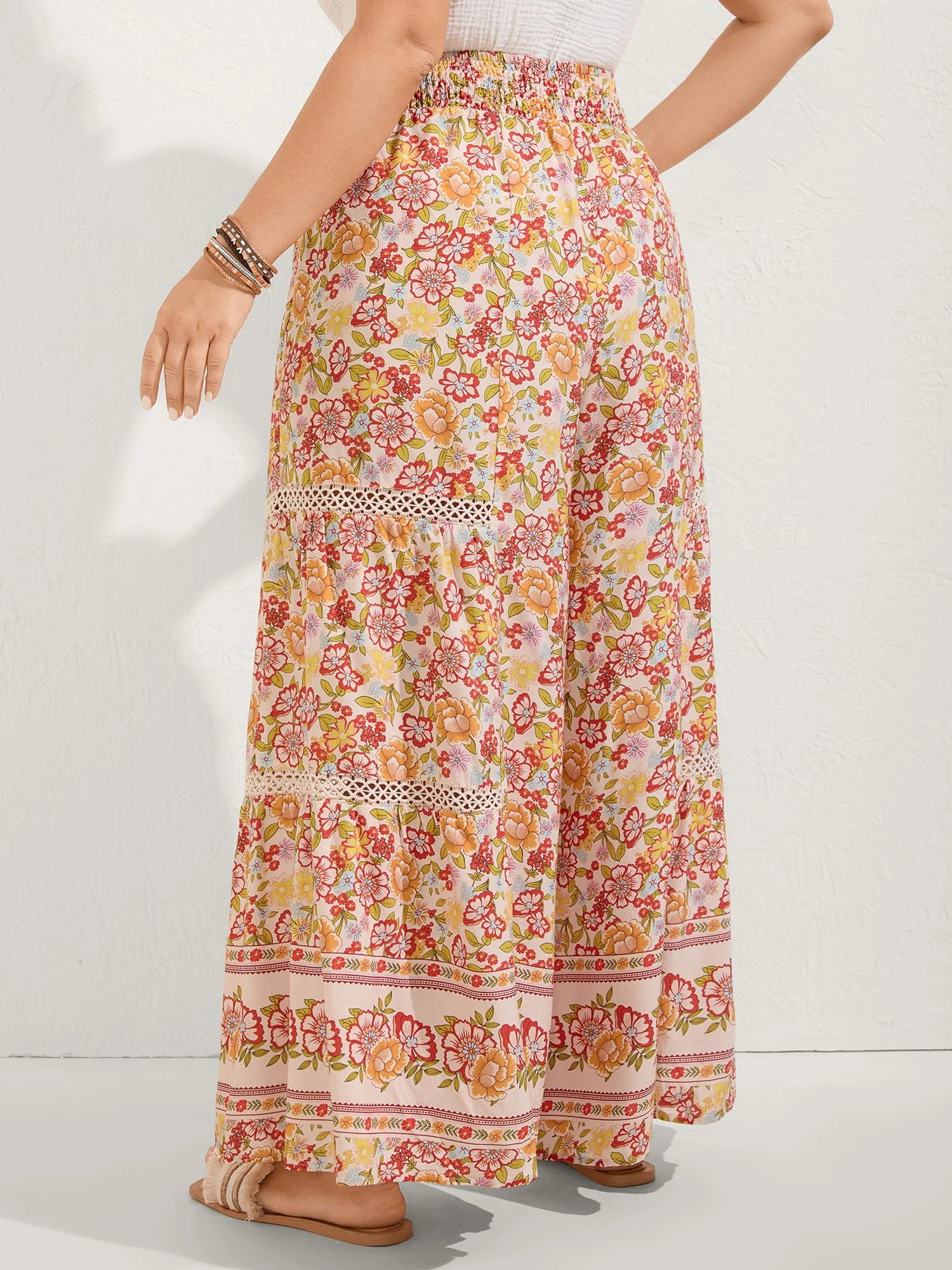 Floral Lace Trim Flowy Wide-Leg Pants - Image 5