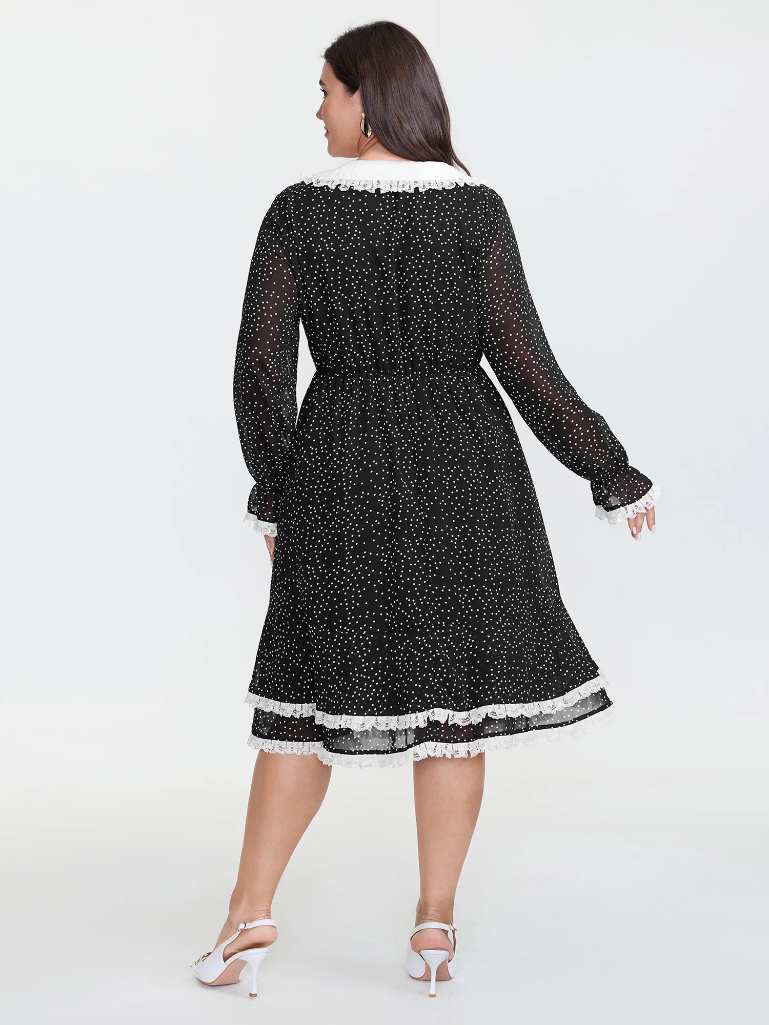 Floral Lace Trim Neckline Ruffled Midi Dress - Image 4