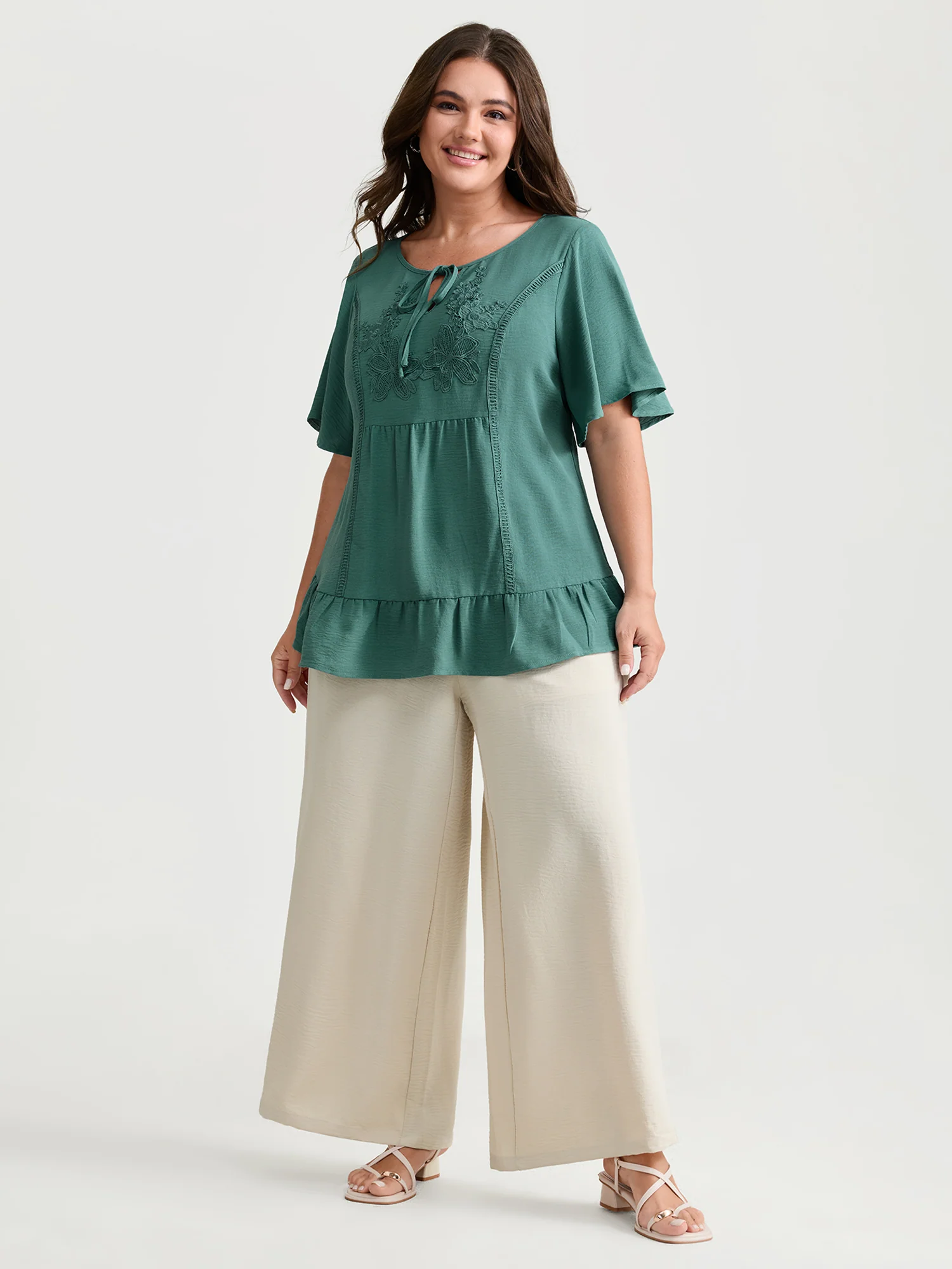 Floral Lace Trim Ruffled Hem Blouse - Image 3