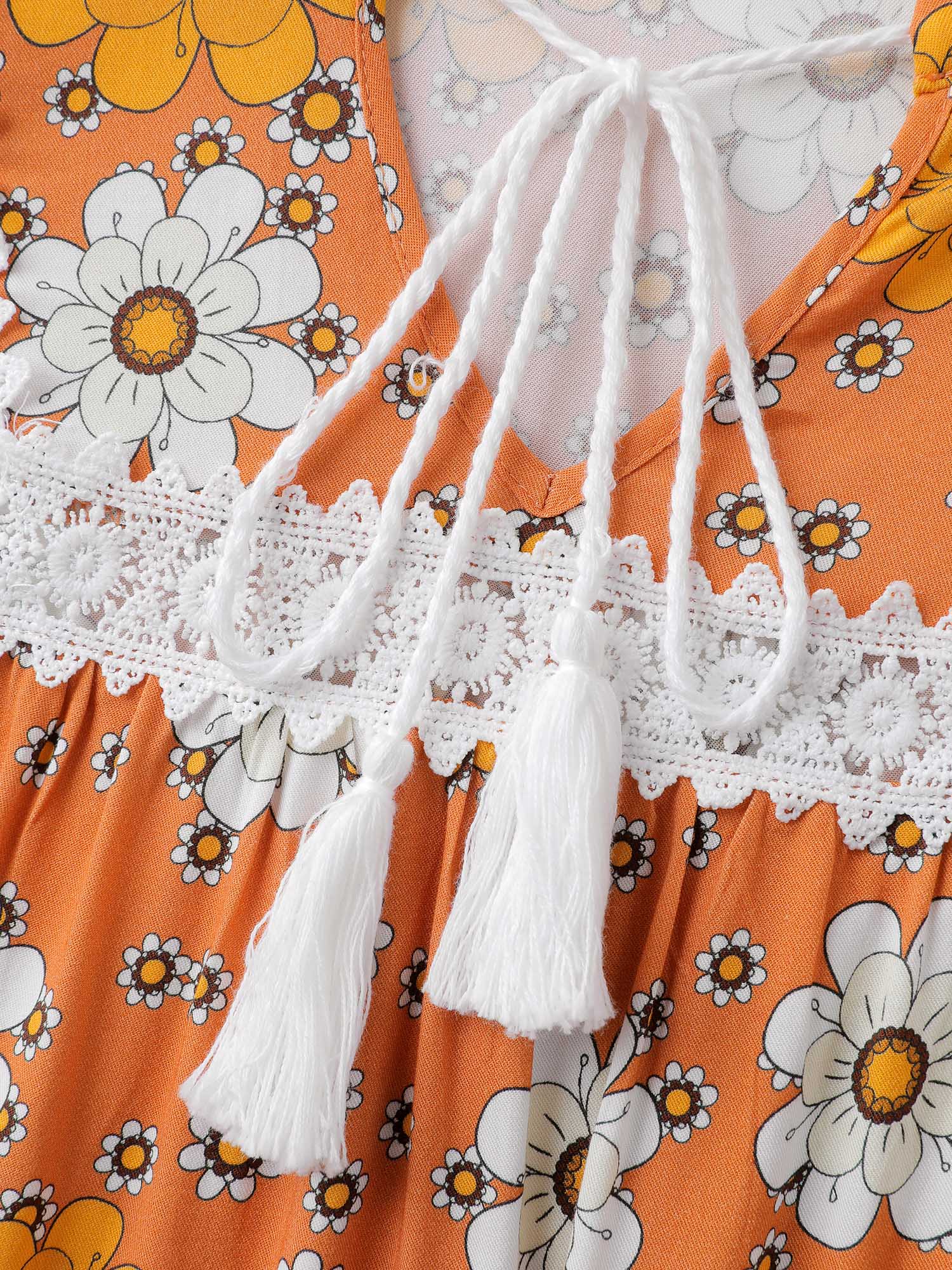 Floral Lace Trim Sheer Knee-Length Dress - Image 5