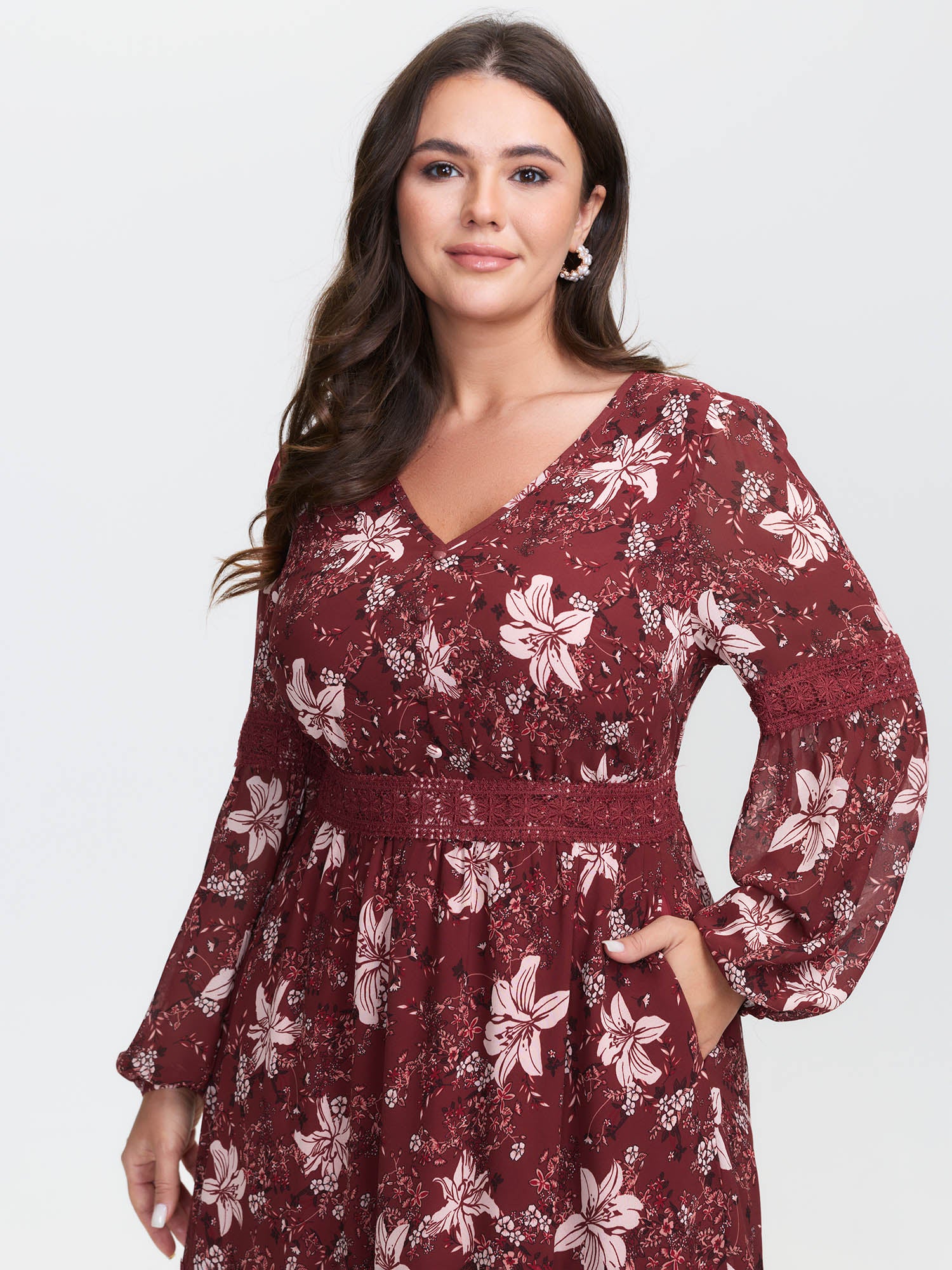 Floral Lace Trim Shirred Waist Midi Dress - Image 2