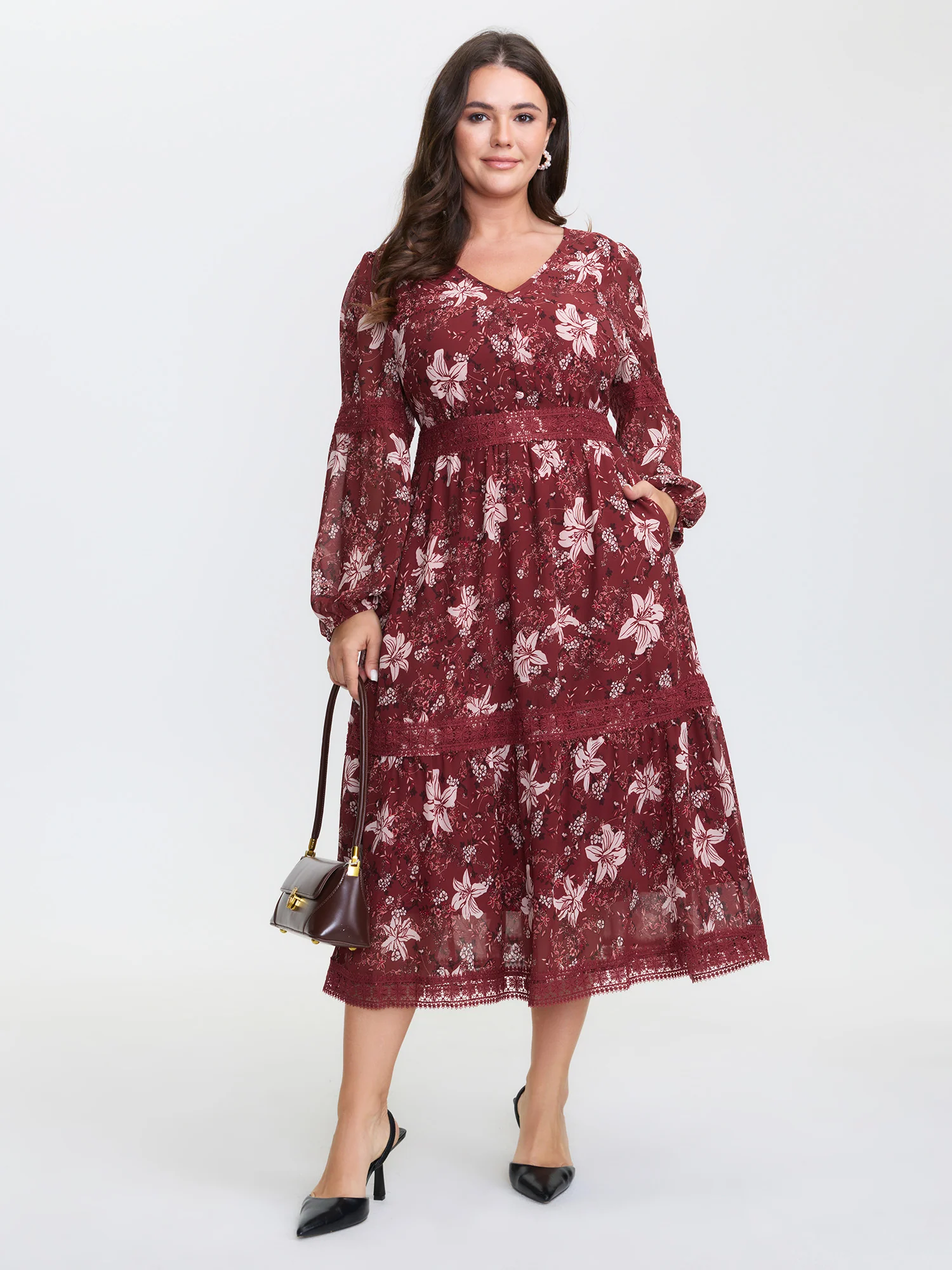 Floral Lace Trim Shirred Waist Midi Dress - Image 4
