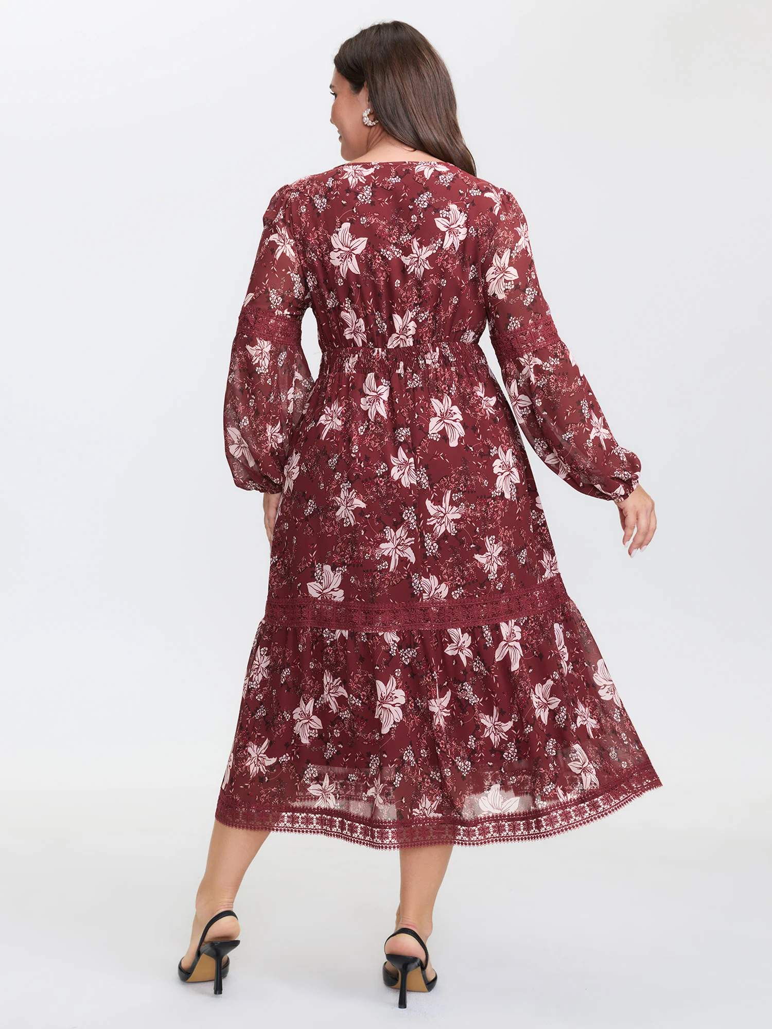 Floral Lace Trim Shirred Waist Midi Dress - Image 5