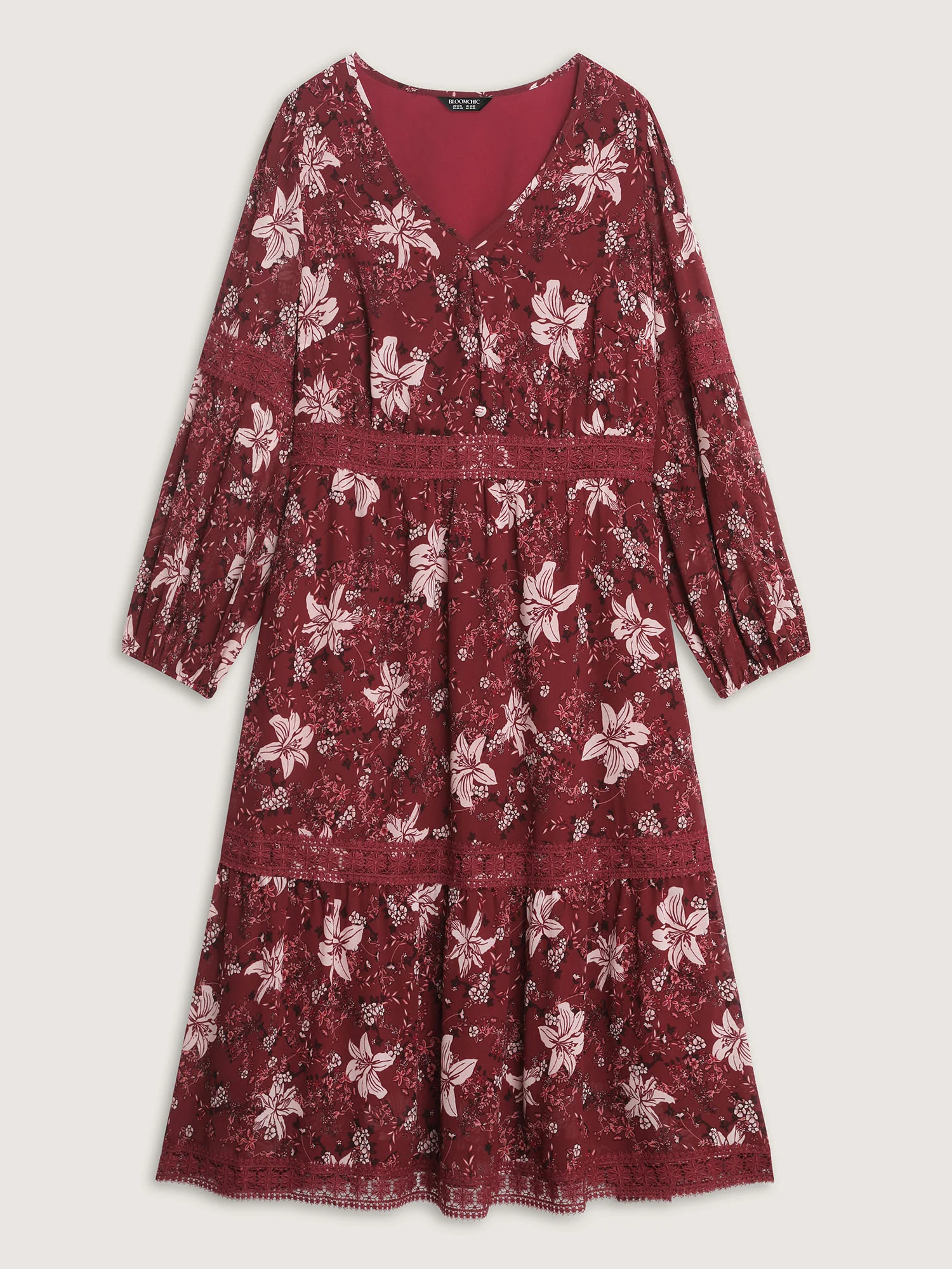Floral Lace Trim Shirred Waist Midi Dress - Image 8