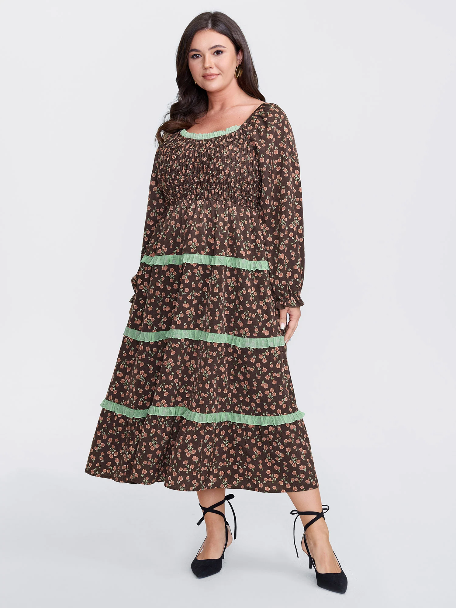 Floral Lace Trim Stretchy Waist Midi Dress - Image 3