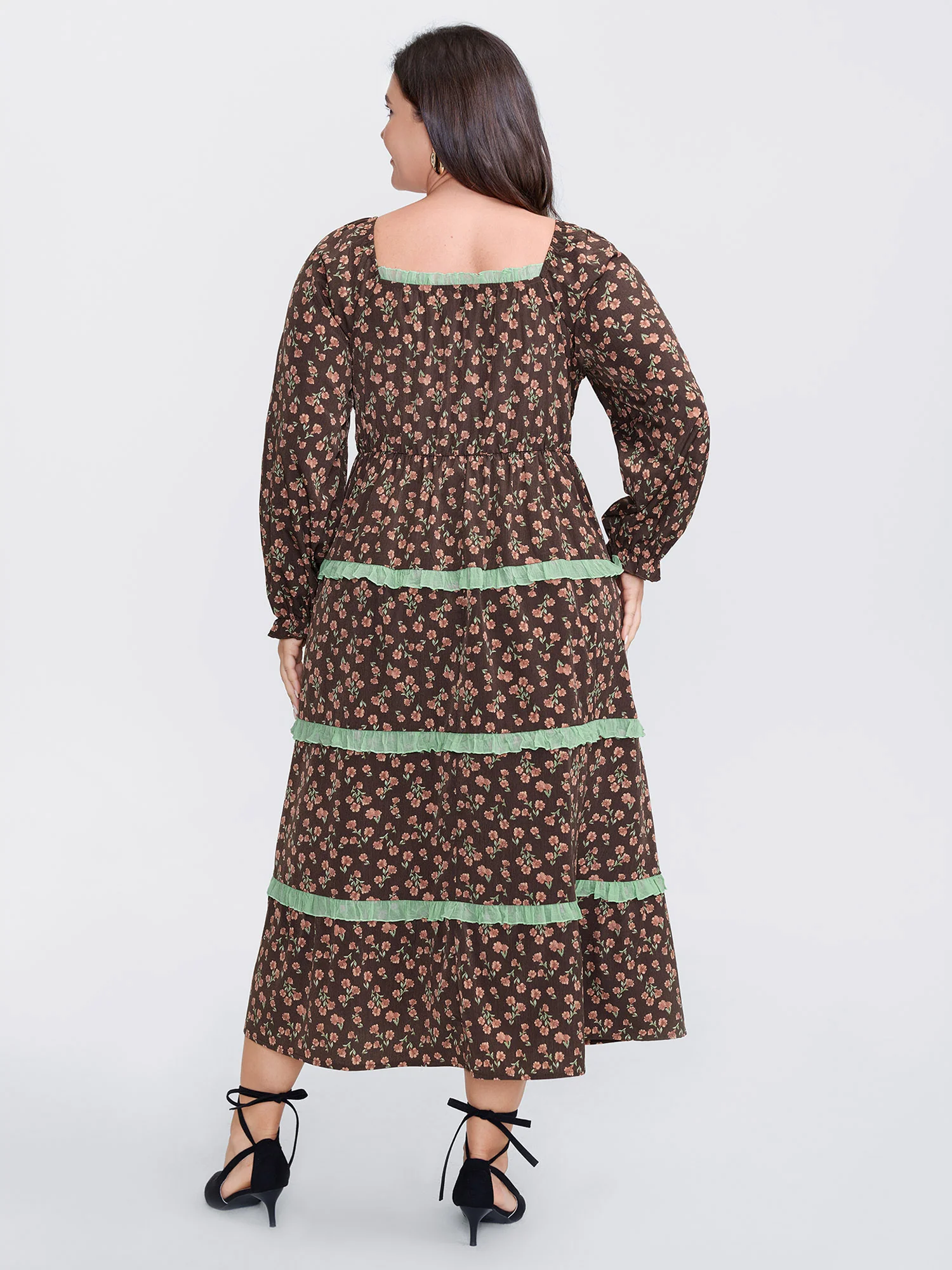 Floral Lace Trim Stretchy Waist Midi Dress - Image 4