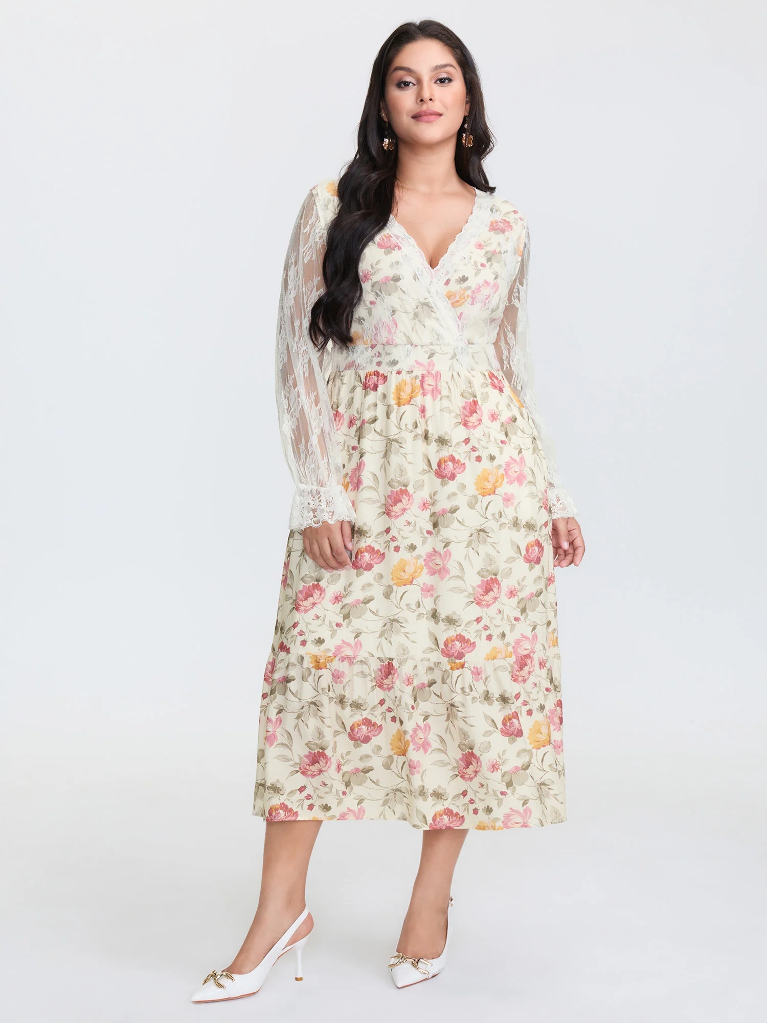 Floral Lace Trim Tiered Pockets Midi Dress - Image 3