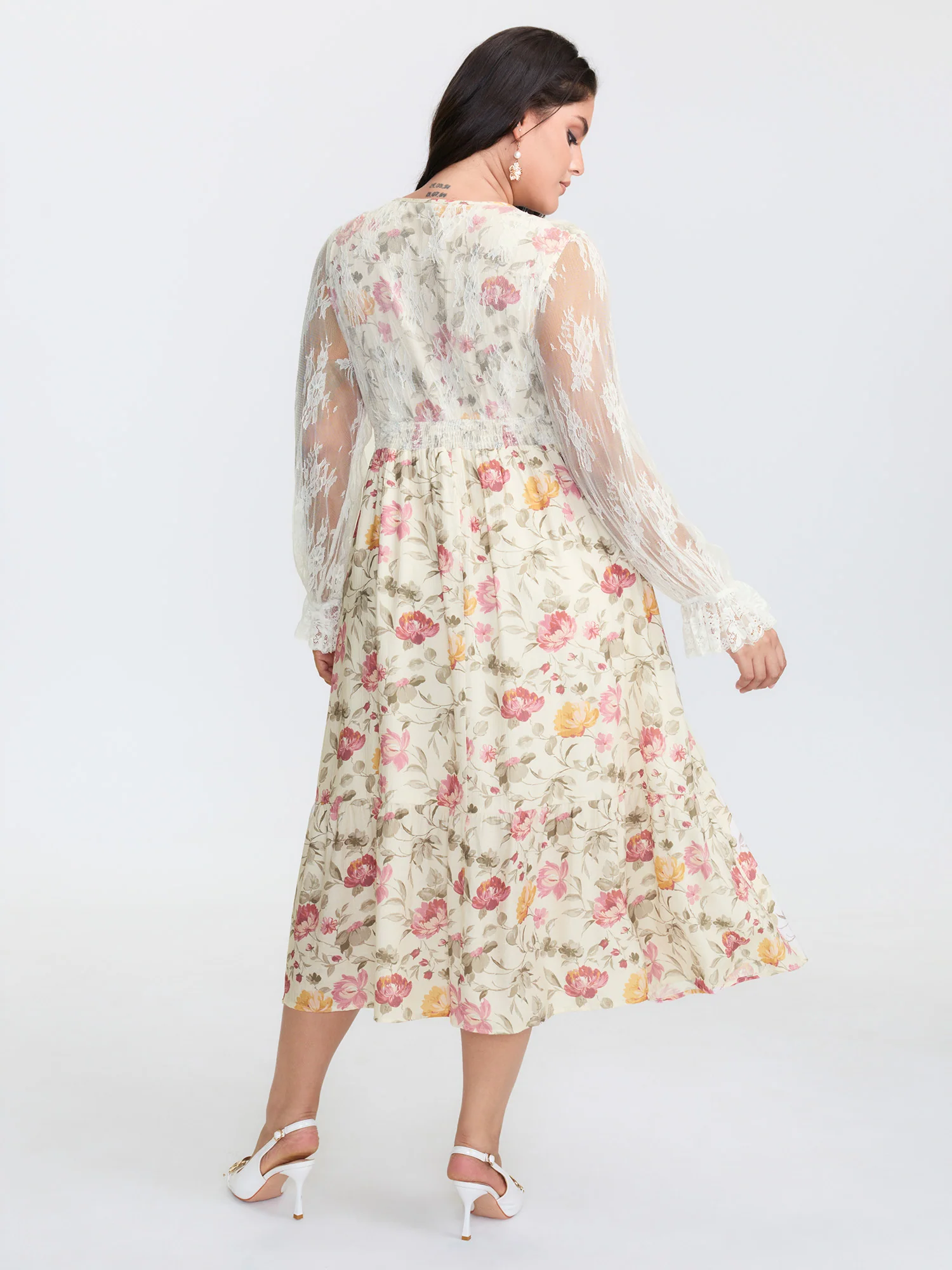 Floral Lace Trim Tiered Pockets Midi Dress - Image 4
