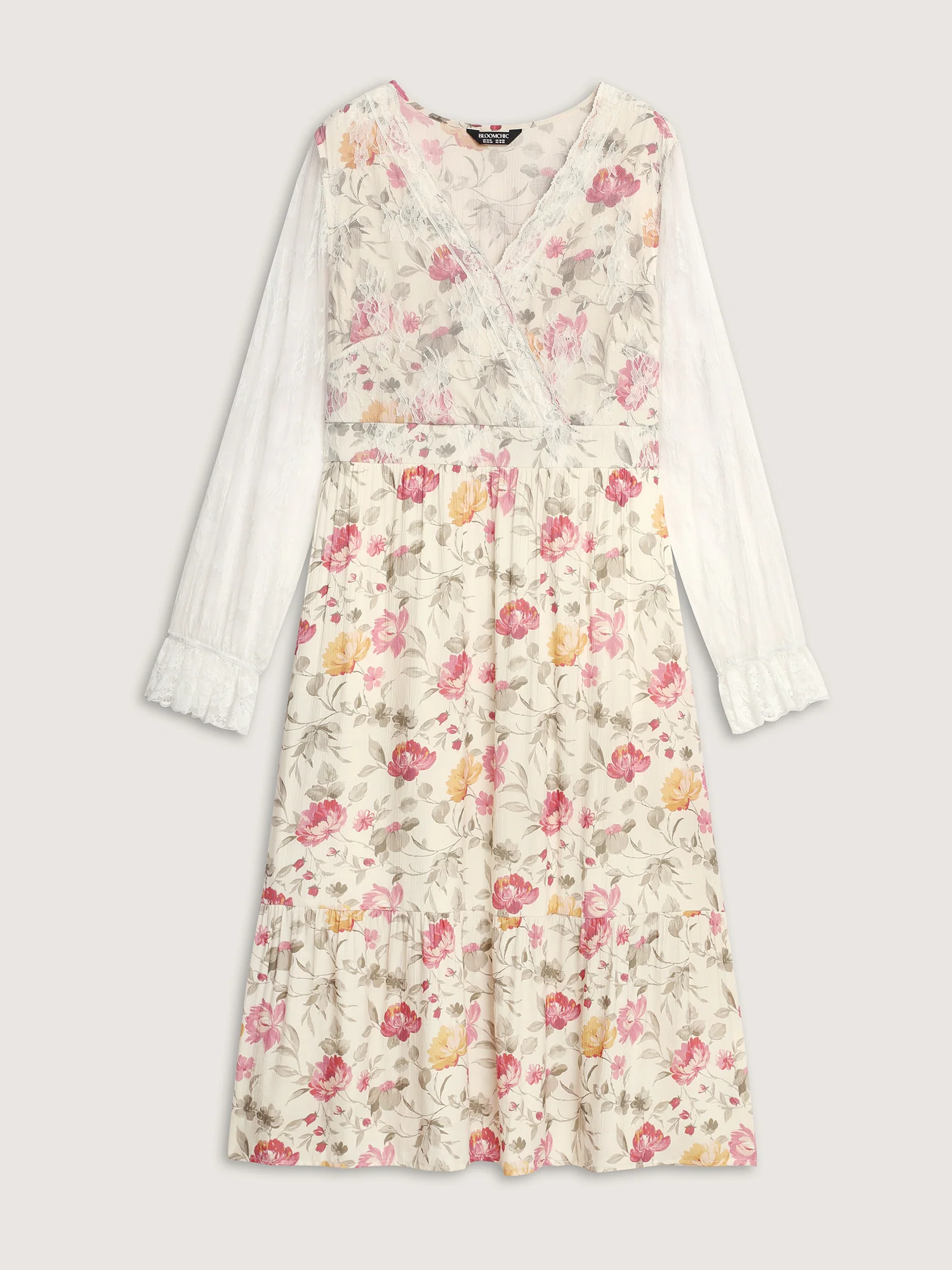 Floral Lace Trim Tiered Pockets Midi Dress - Image 7