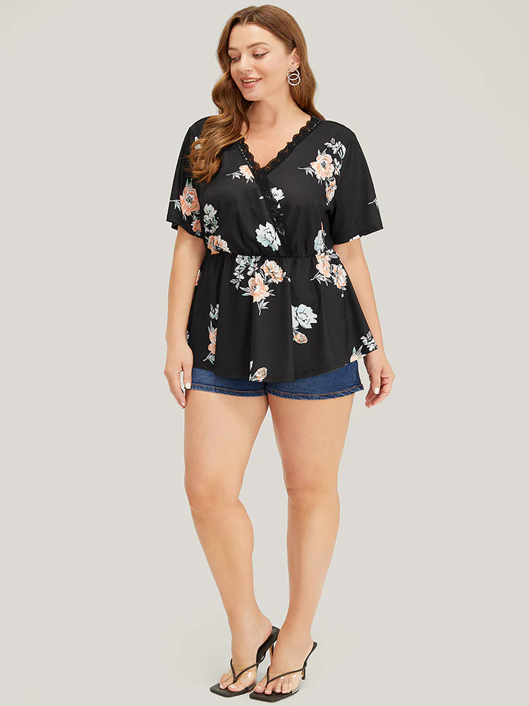 Floral Lace Trim Wrap Ruffle Hem T-shirt - Image 4