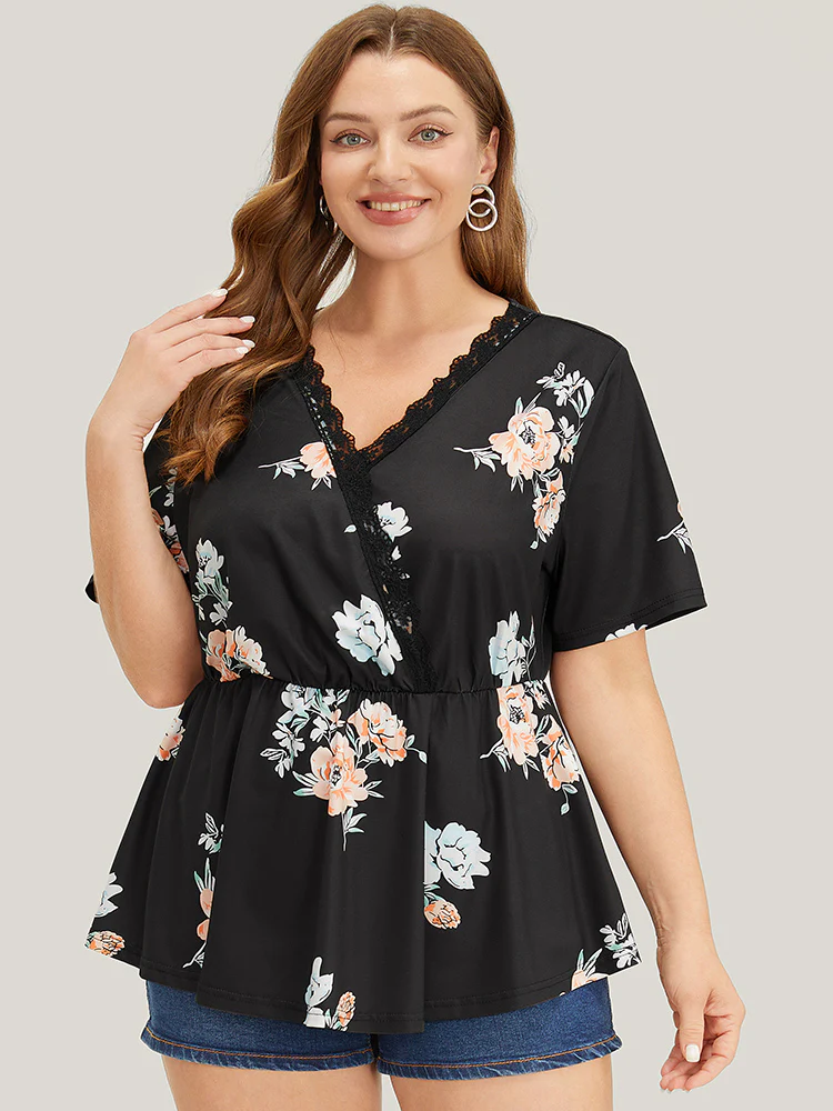 Floral Lace Trim Wrap Ruffle Hem T-shirt - Image 5