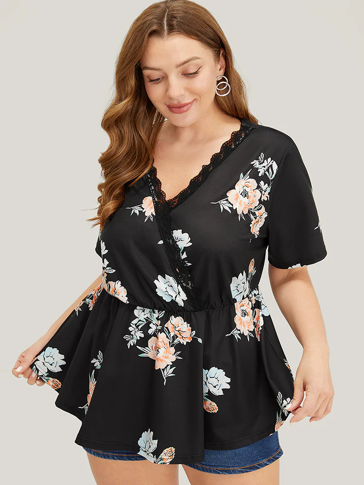 Floral Lace Trim Wrap Ruffle Hem T-shirt - Image 6