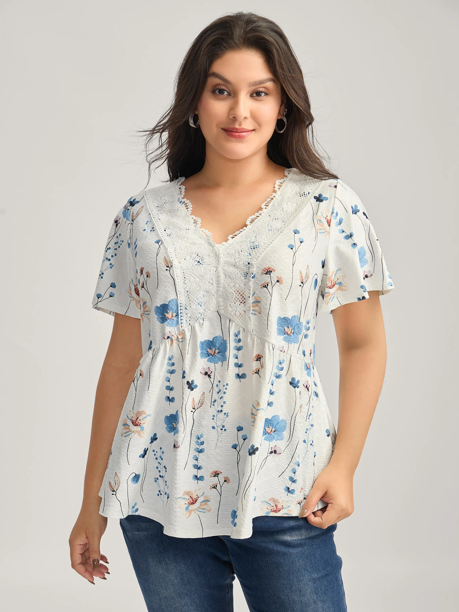 Floral Lace-Trimmed Textured Babydoll Top - Image 2